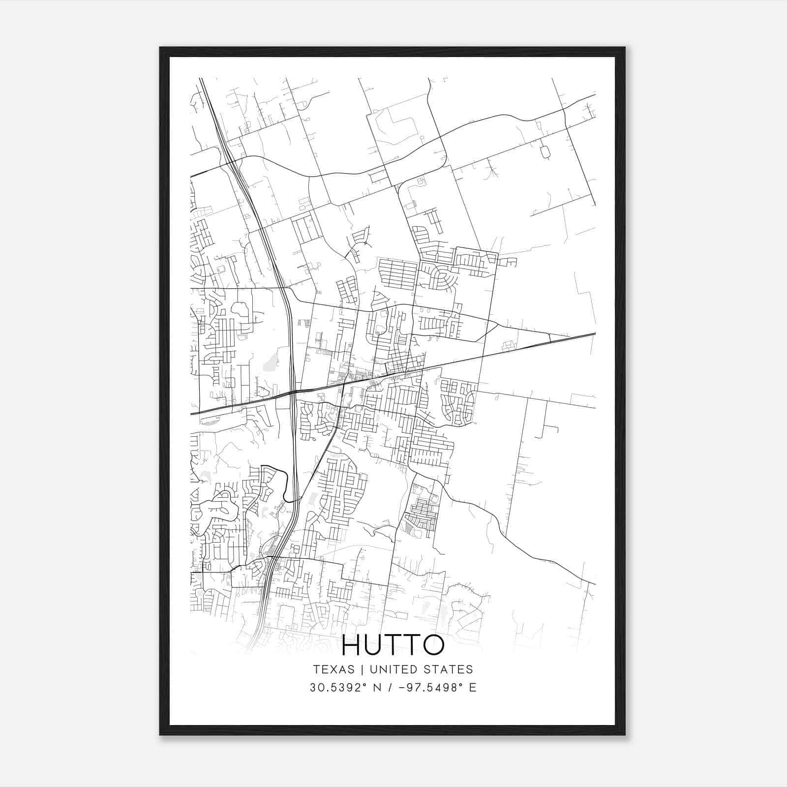 Hutto Texas Map Poster, Modern Home Decor Wall Art Print