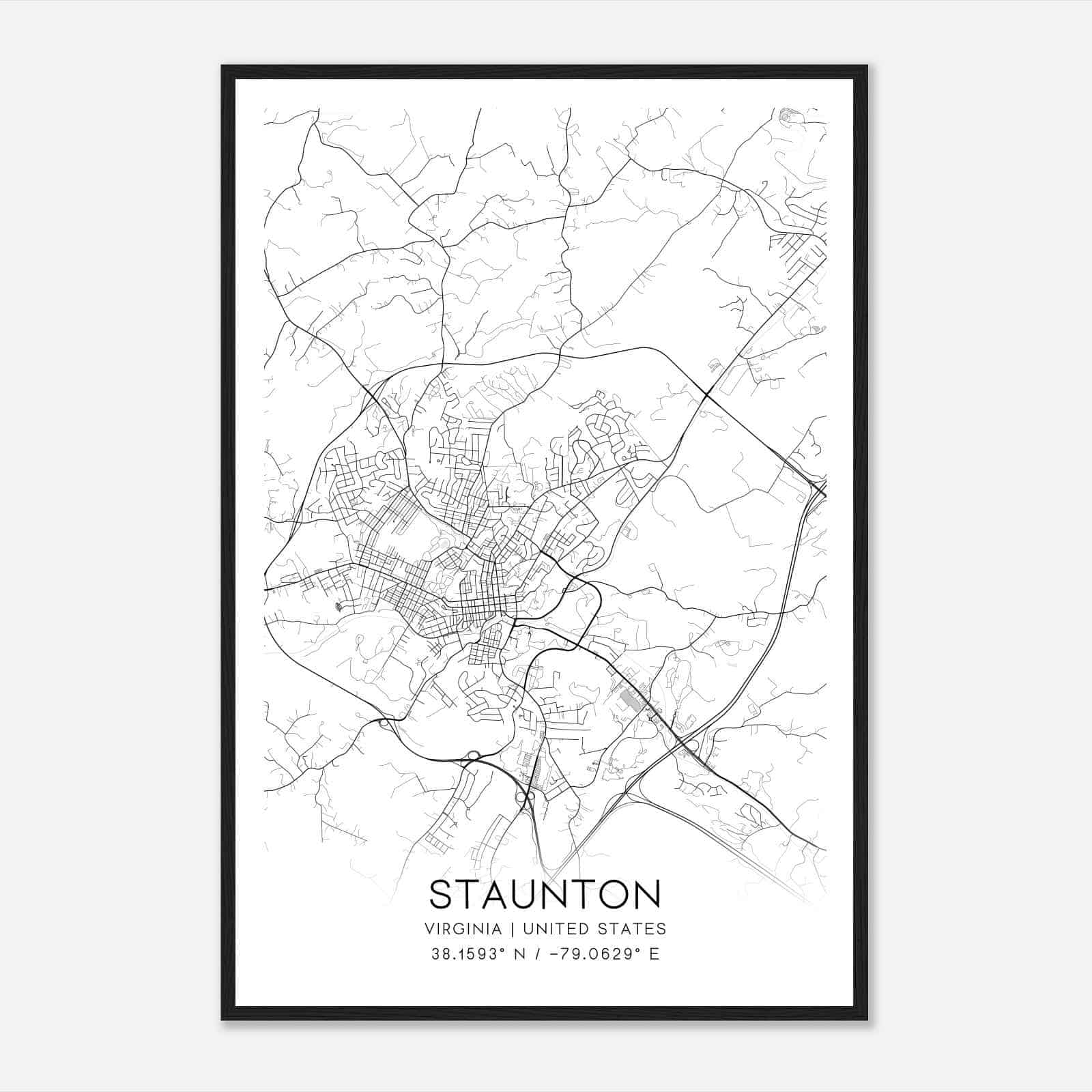Staunton Virginia Map Poster, Modern Home Decor Wall Art Print