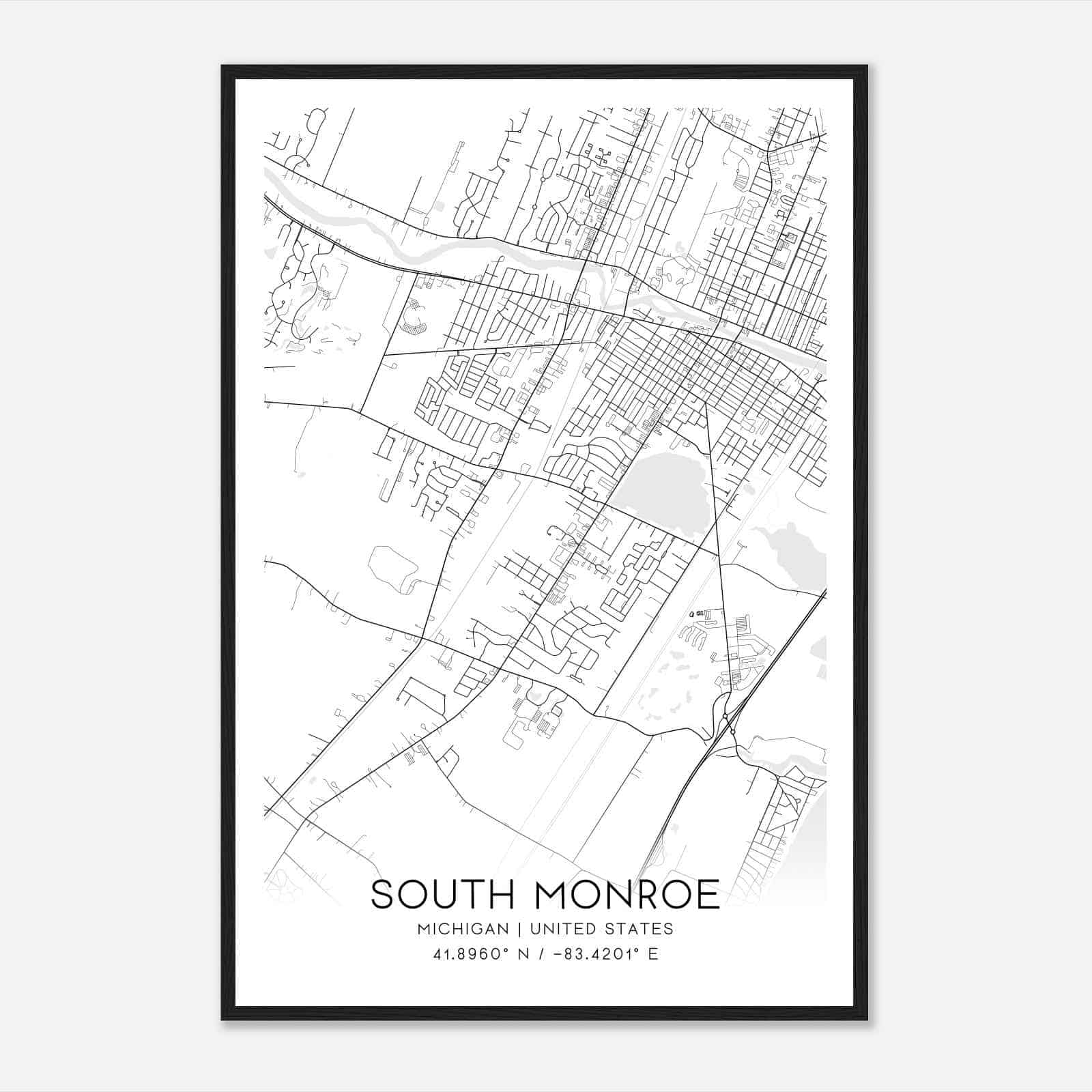 South Monroe Michigan Map Poster, Modern Home Decor Wall Art Print