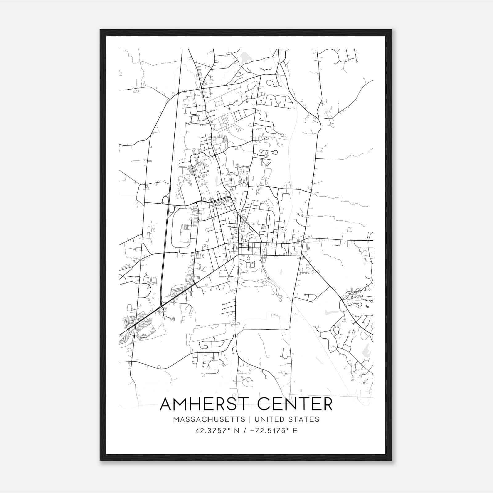Amherst Center Massachusetts Map Poster, Modern Home Decor Wall Art Print