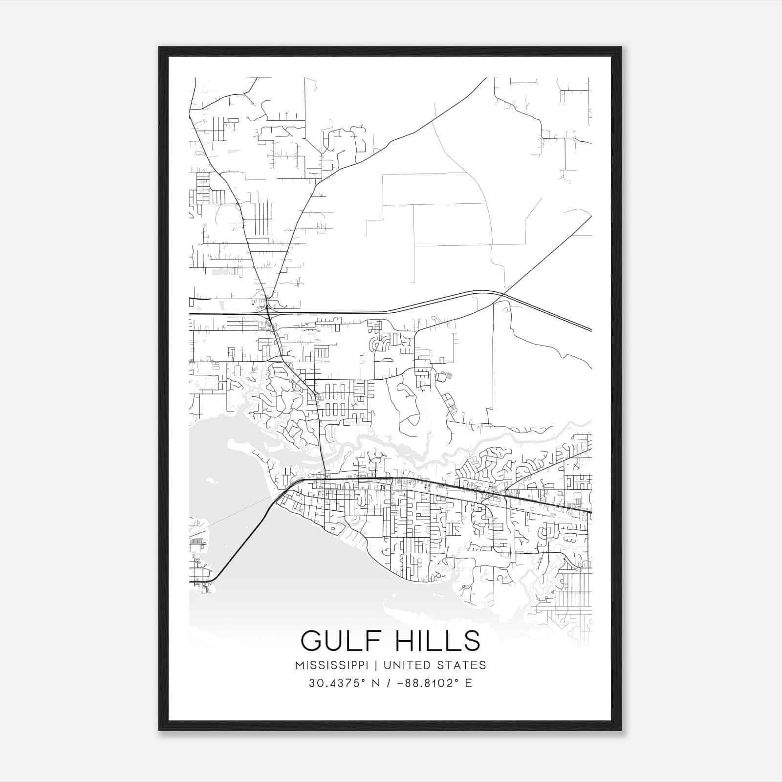 Gulf Hills Mississippi Map Poster, Modern Home Decor Wall Art Print