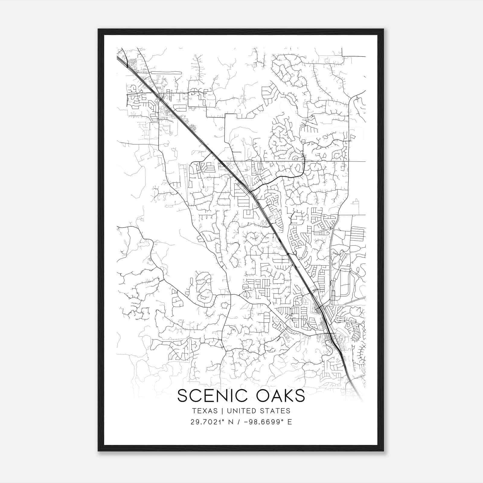 Scenic Oaks Texas Map Poster, Modern Home Decor Wall Art Print