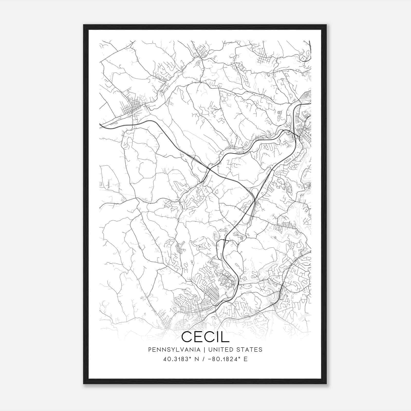 Cecil Pennsylvania Map Poster, Modern Home Decor Wall Art Print
