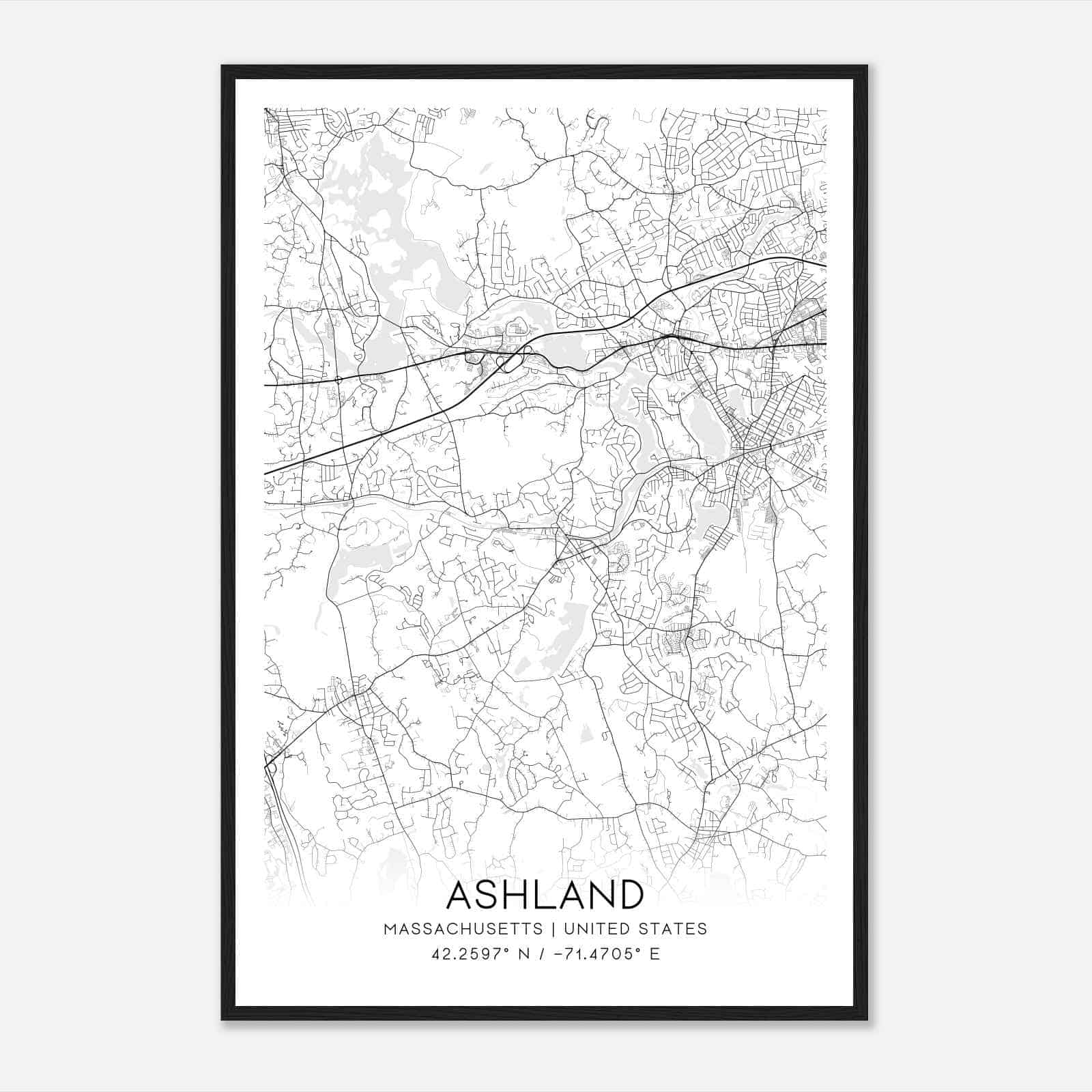 Ashland Massachusetts Map Poster, Modern Home Decor Wall Art Print