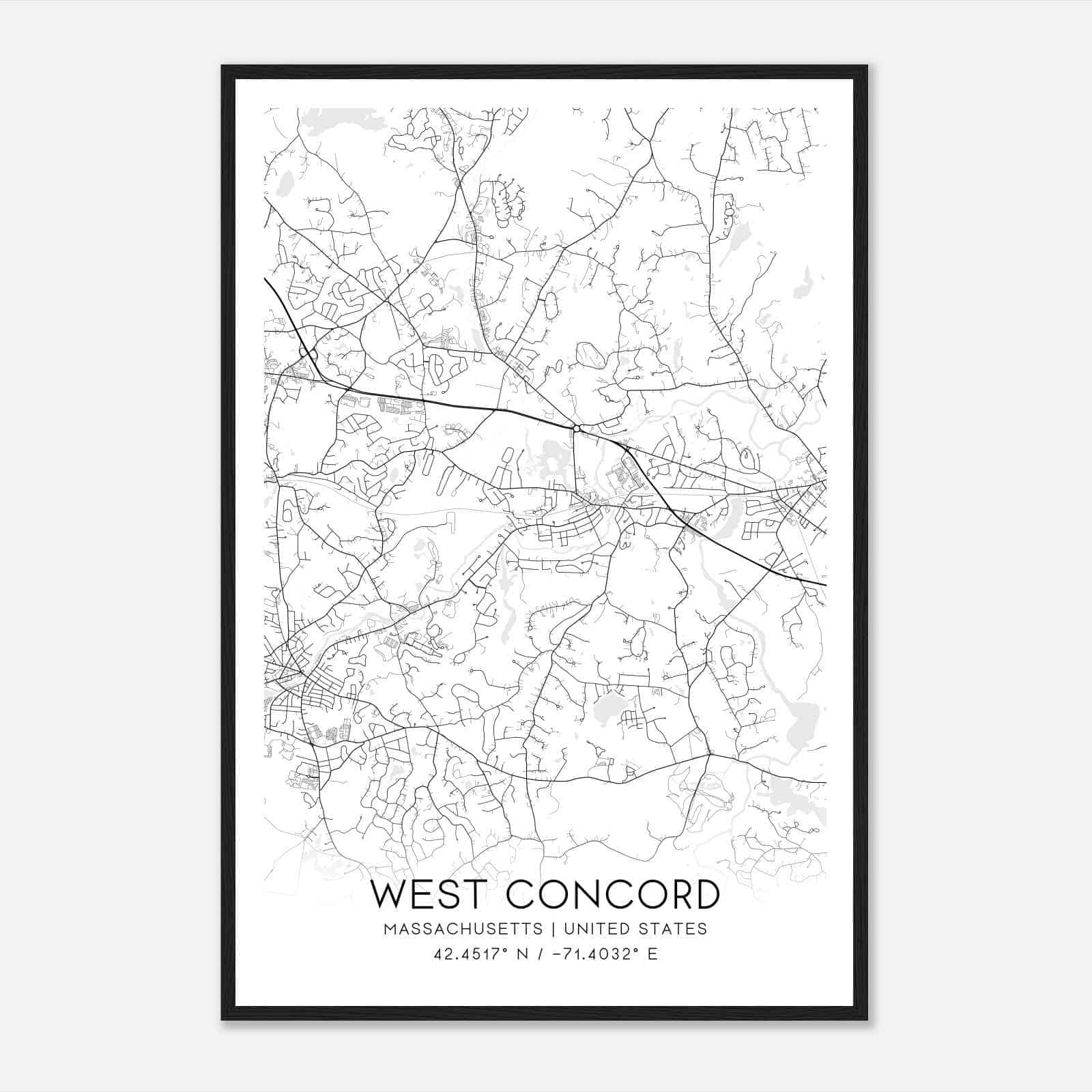 West Concord Massachusetts Map Poster, Modern Home Decor Wall Art Print