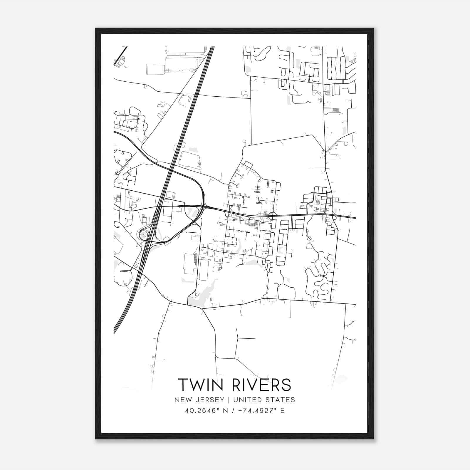 Twin Rivers New Jersey Map Poster, Modern Home Decor Wall Art Print