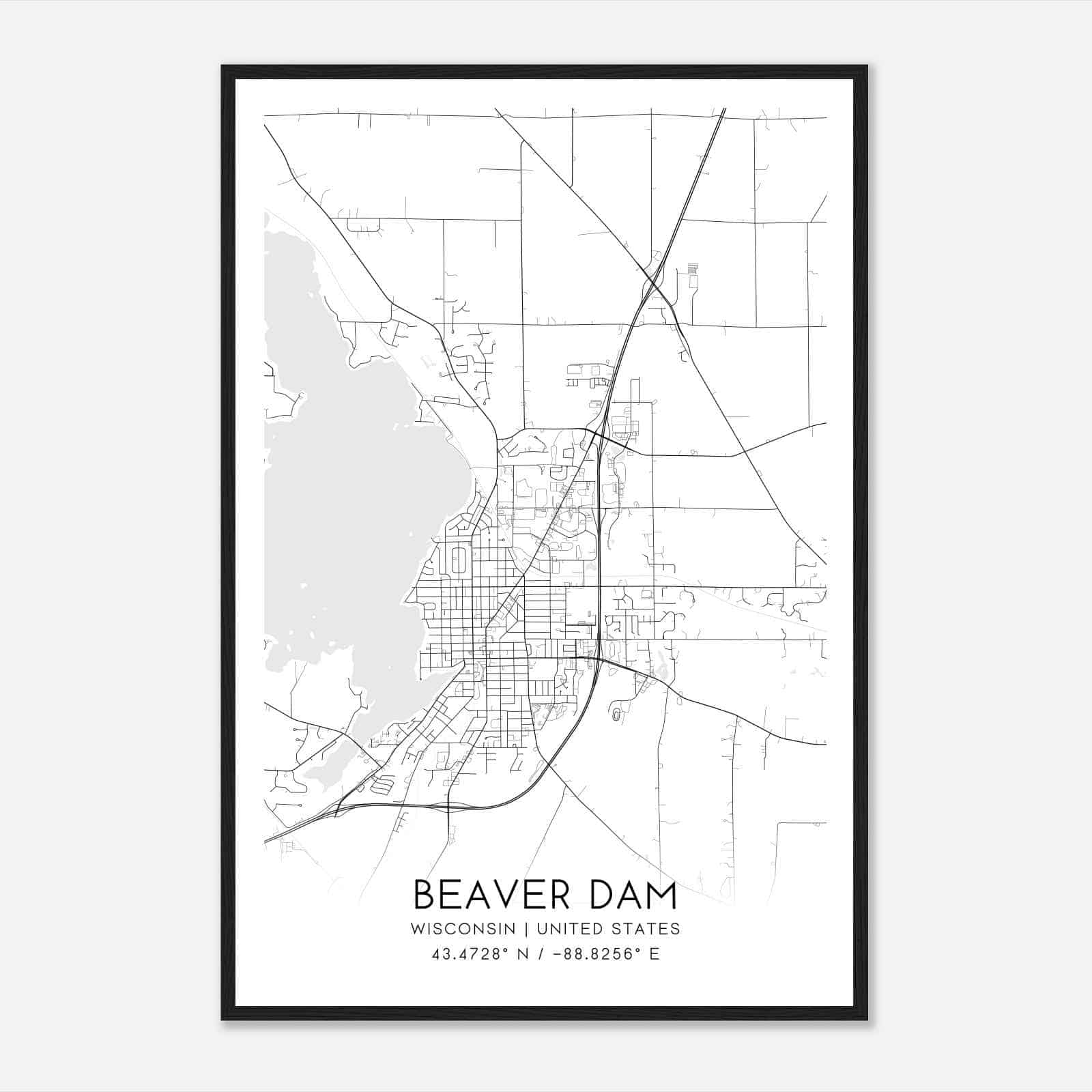Beaver Dam Wisconsin Map Poster, Modern Home Decor Wall Art Print