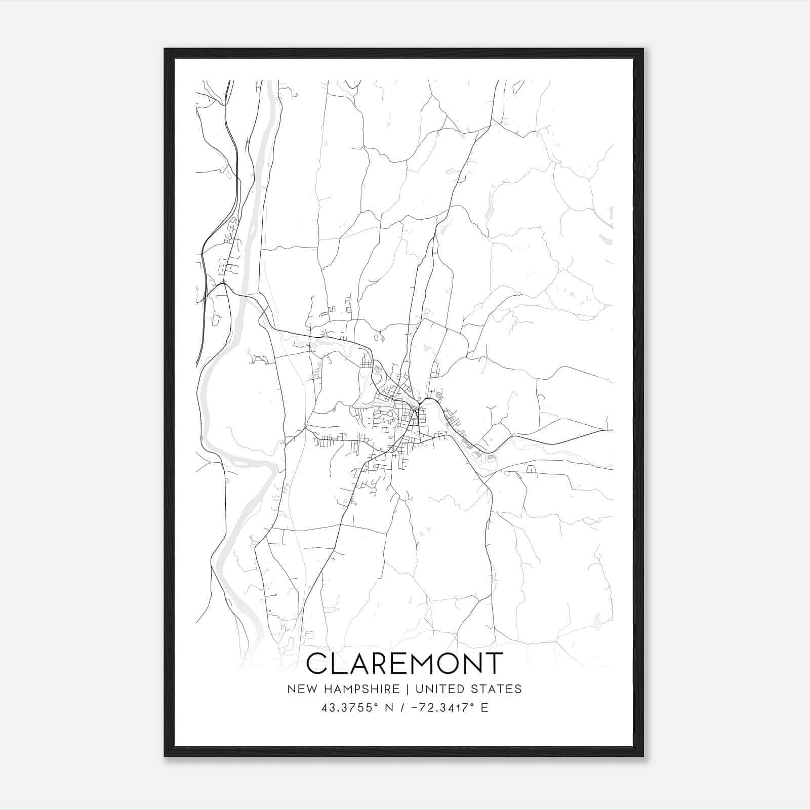 Claremont New Hampshire Map Poster, Modern Home Decor Wall Art Print