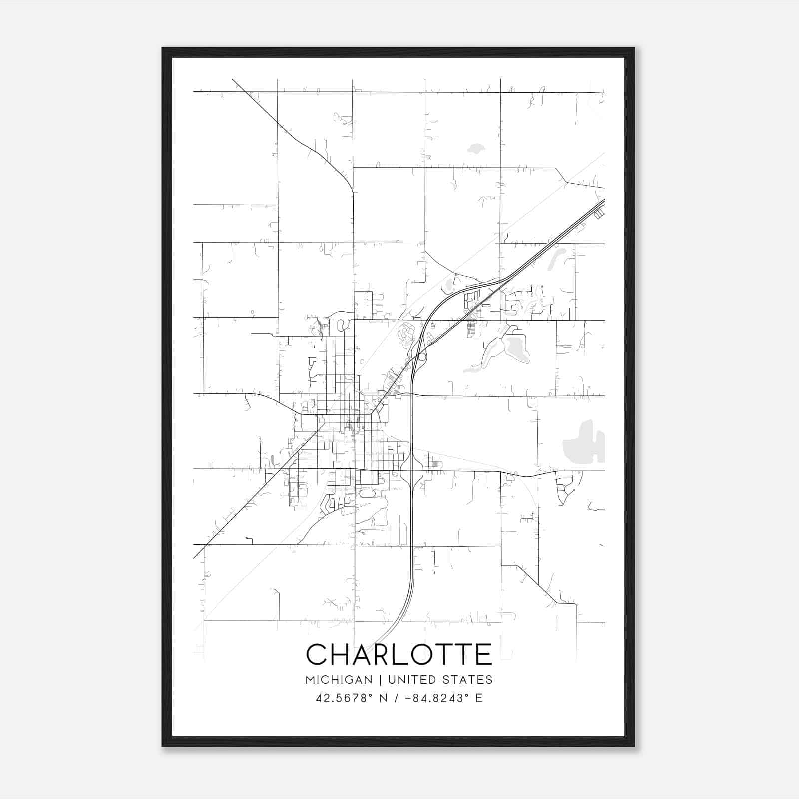 Charlotte Michigan Map Poster, Modern Home Decor Wall Art Print