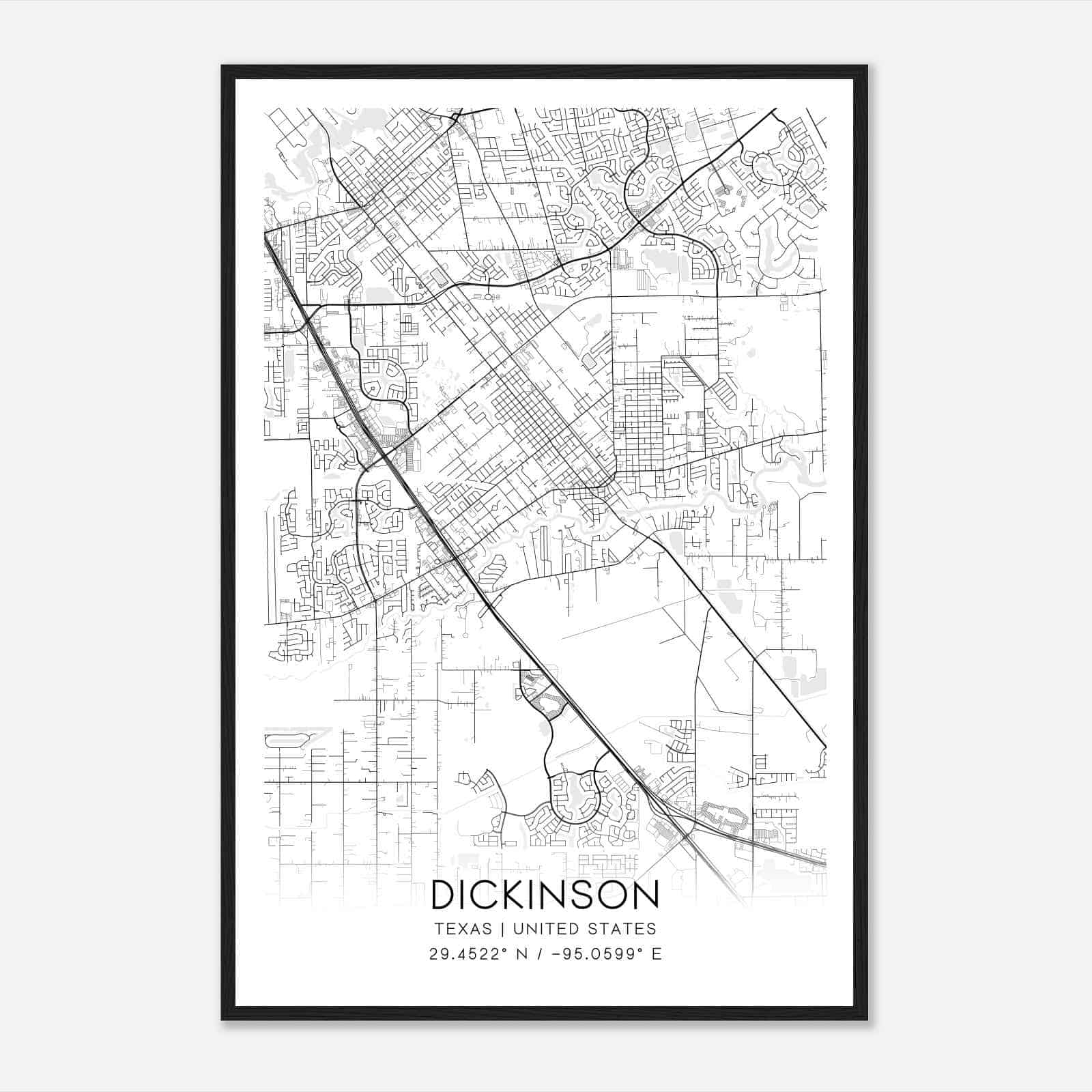 Dickinson Texas Map Poster, Modern Home Decor Wall Art Print