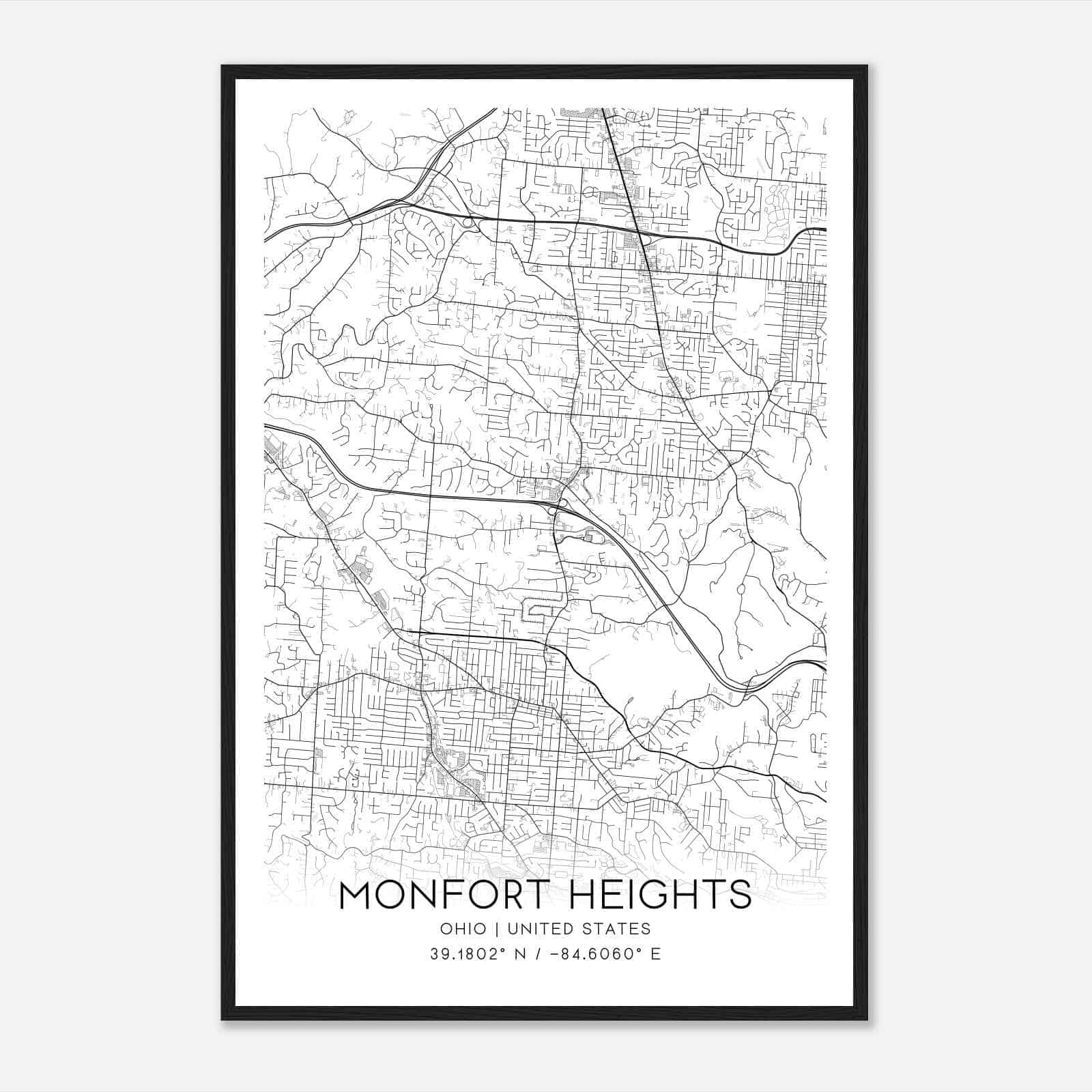 Monfort Heights Ohio Map Poster, Modern Home Decor Wall Art Print