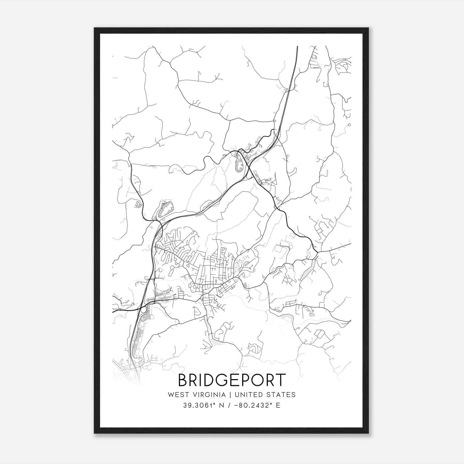 Bridgeport West Virginia Map Poster, Modern Home Decor Wall Art Print
