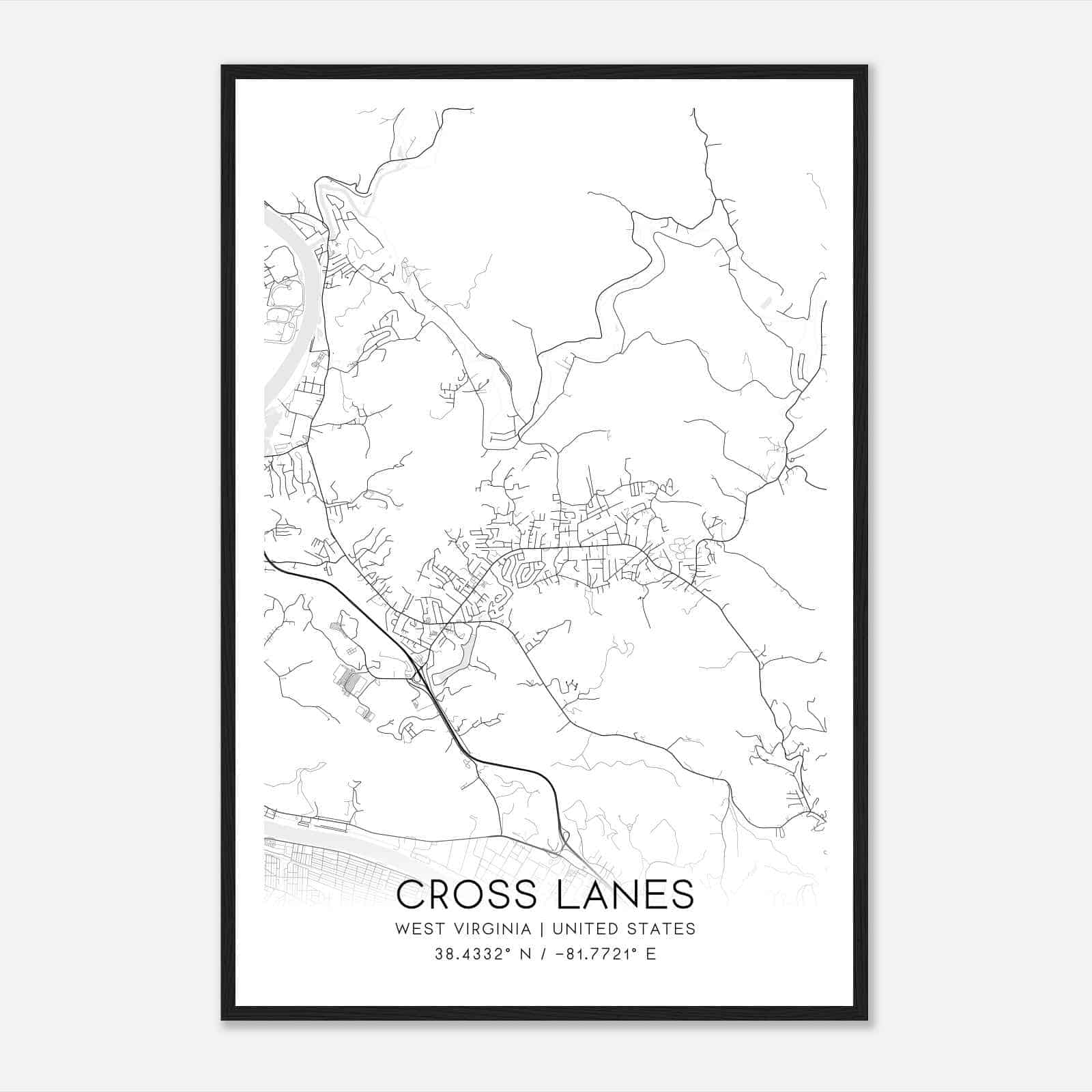 Cross Lanes West Virginia Map Poster, Modern Home Decor Wall Art Print
