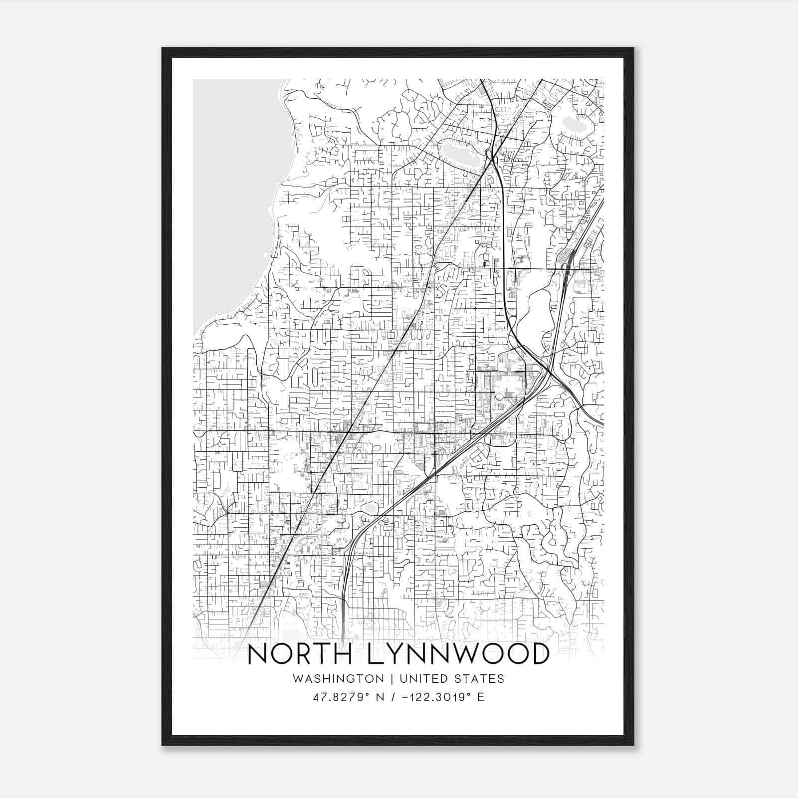 North Lynnwood Washington Map Poster, Modern Home Decor Wall Art Print