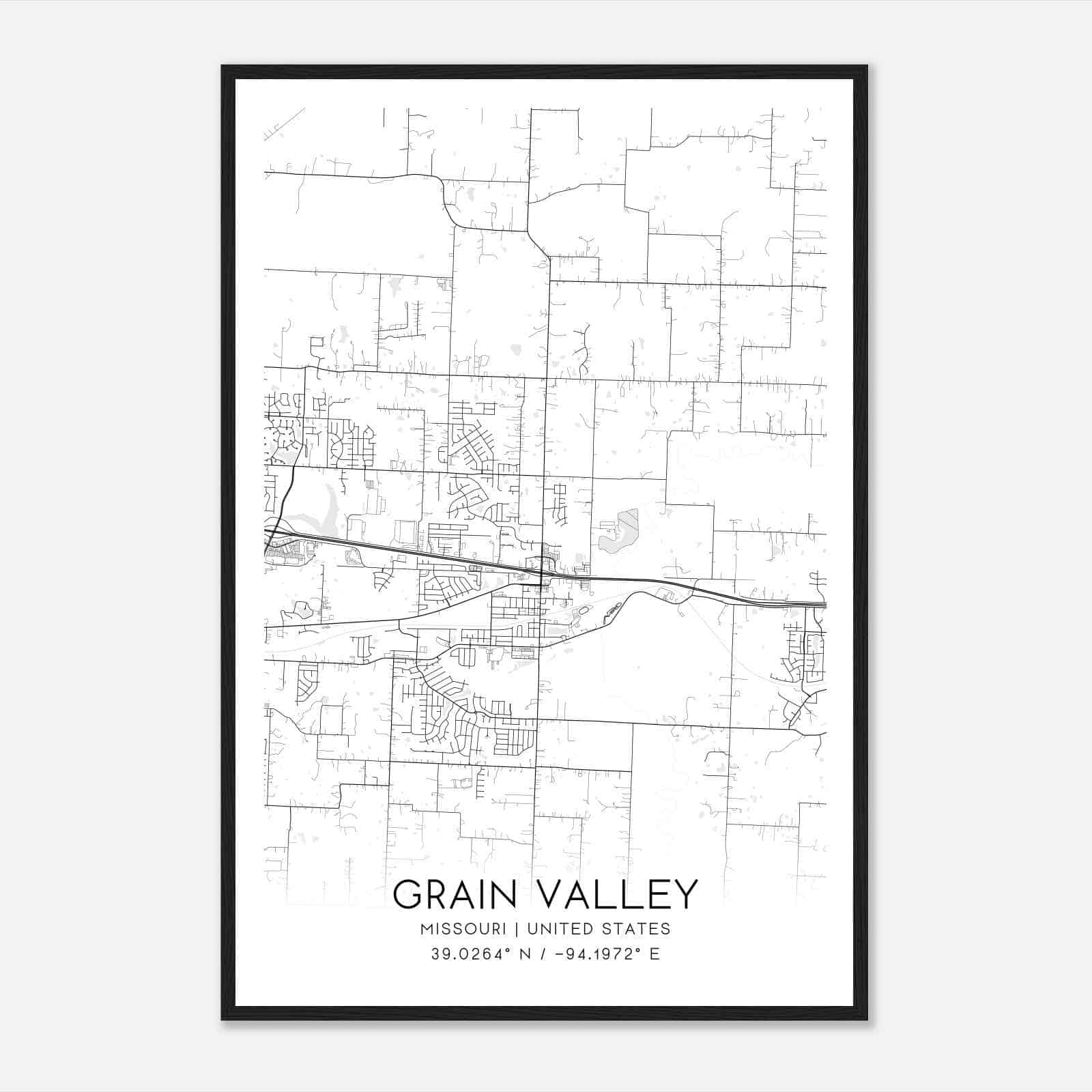 Grain Valley Missouri Map Poster, Modern Home Decor Wall Art Print