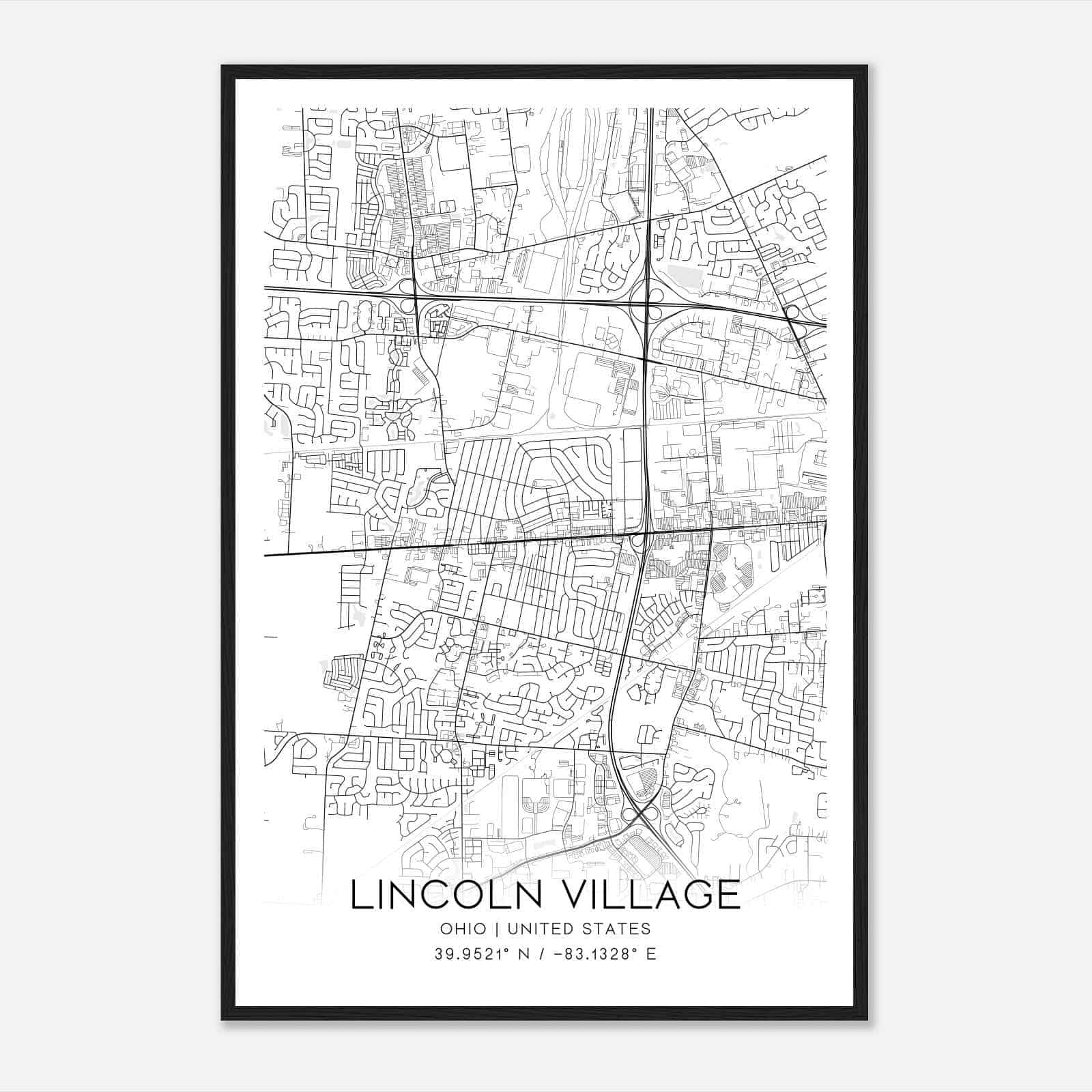 Lincoln Village Ohio Map Poster, Modern Home Decor Wall Art Print
