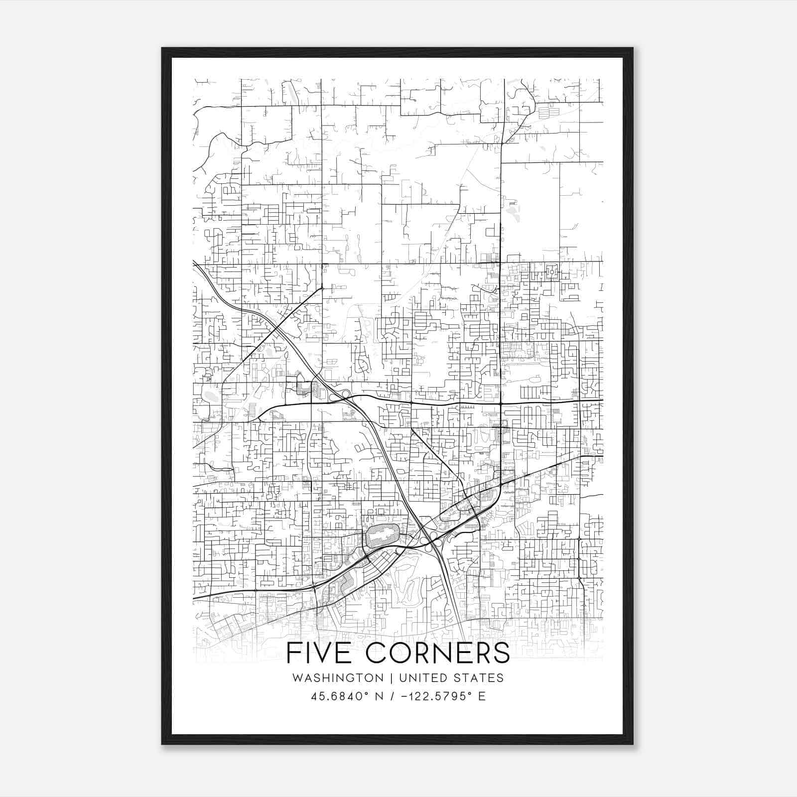 Five Corners Washington Map Poster, Modern Home Decor Wall Art Print