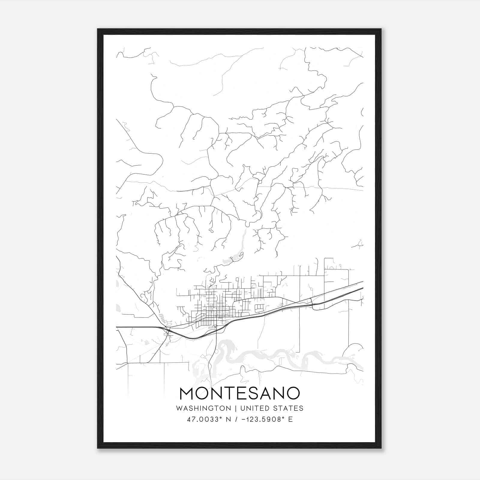 Montesano Washington Map Poster, Modern Home Decor Wall Art Print