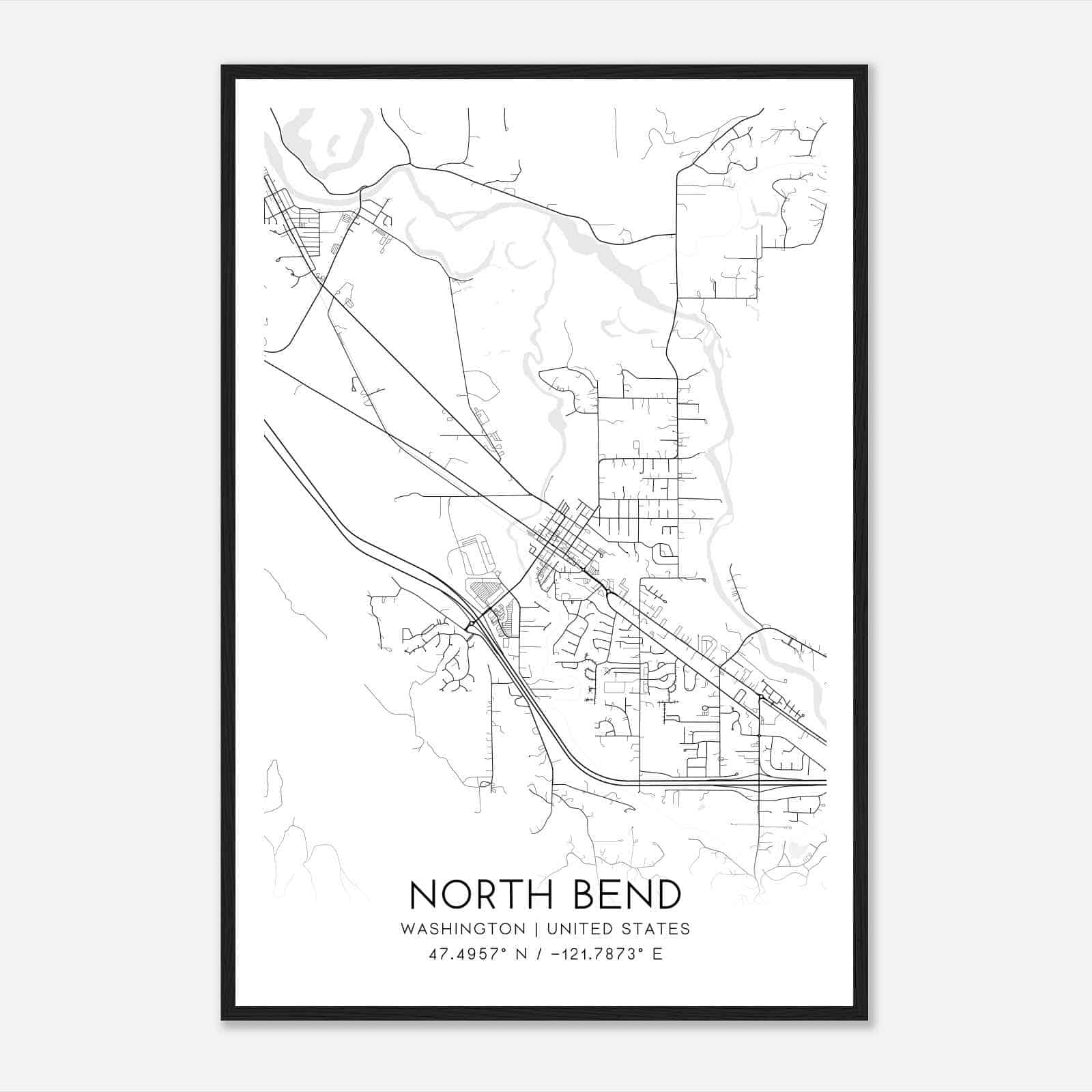 North Bend Washington Map Poster, Modern Home Decor Wall Art Print