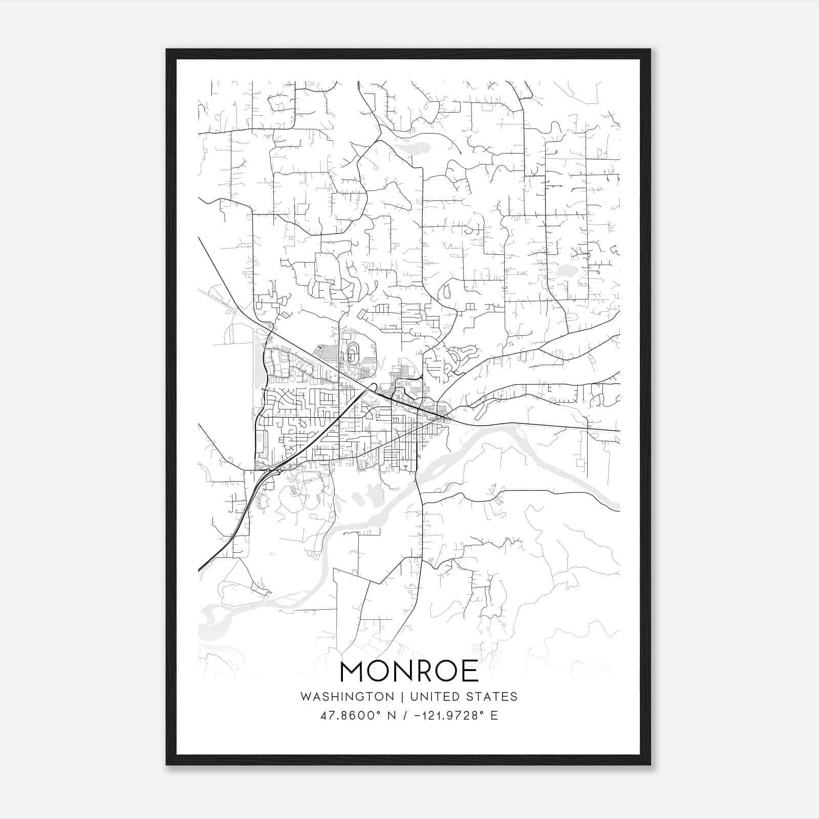 Monroe Washington Map Poster, Modern Home Decor Wall Art Print