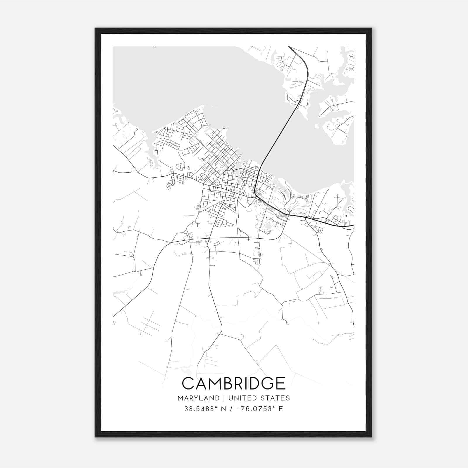 Cambridge Maryland Map Poster, Modern Home Decor Wall Art Print