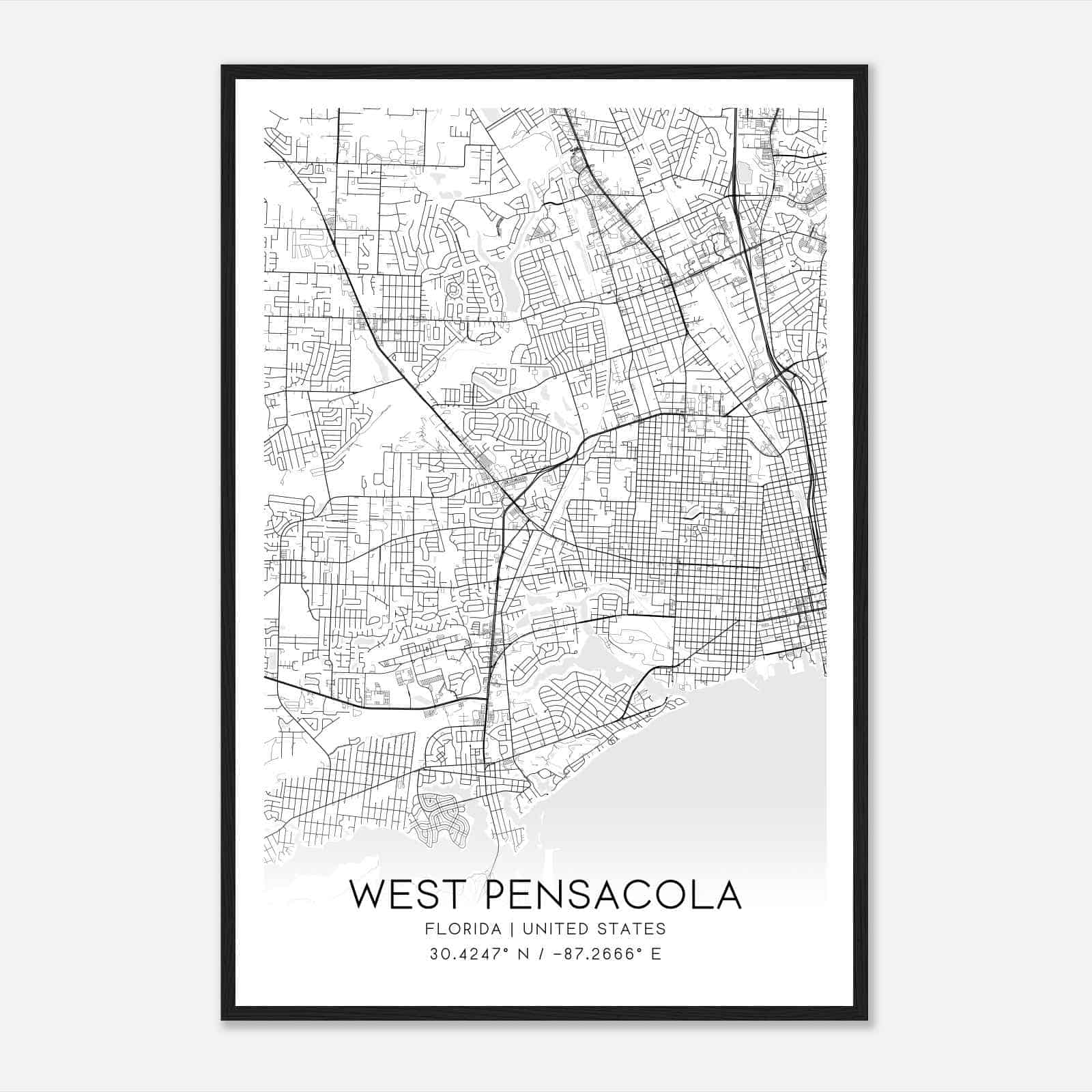West Pensacola Florida Map Poster, Modern Home Decor Wall Art Print