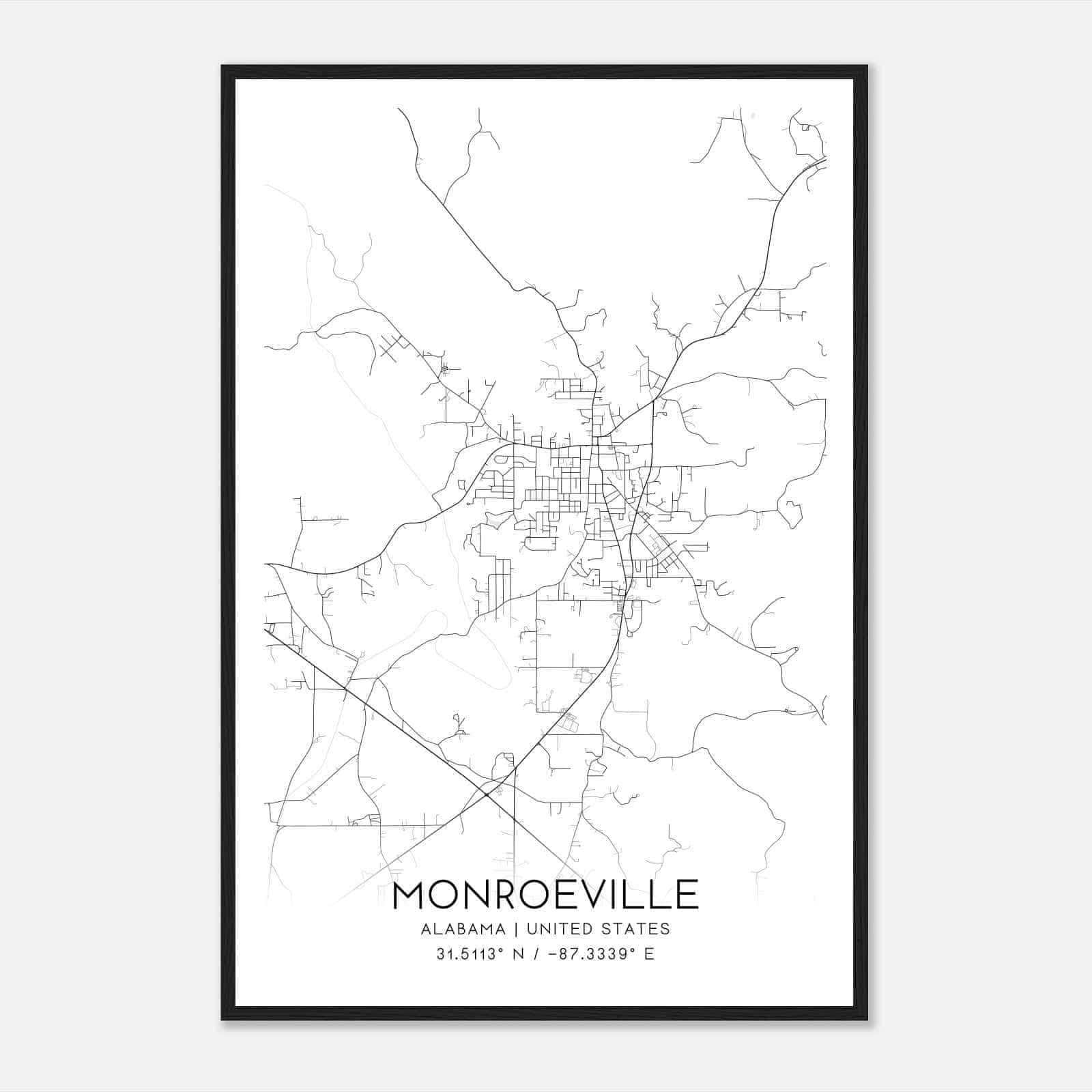 Monroeville Alabama Map Poster, Modern Home Decor Wall Art Print