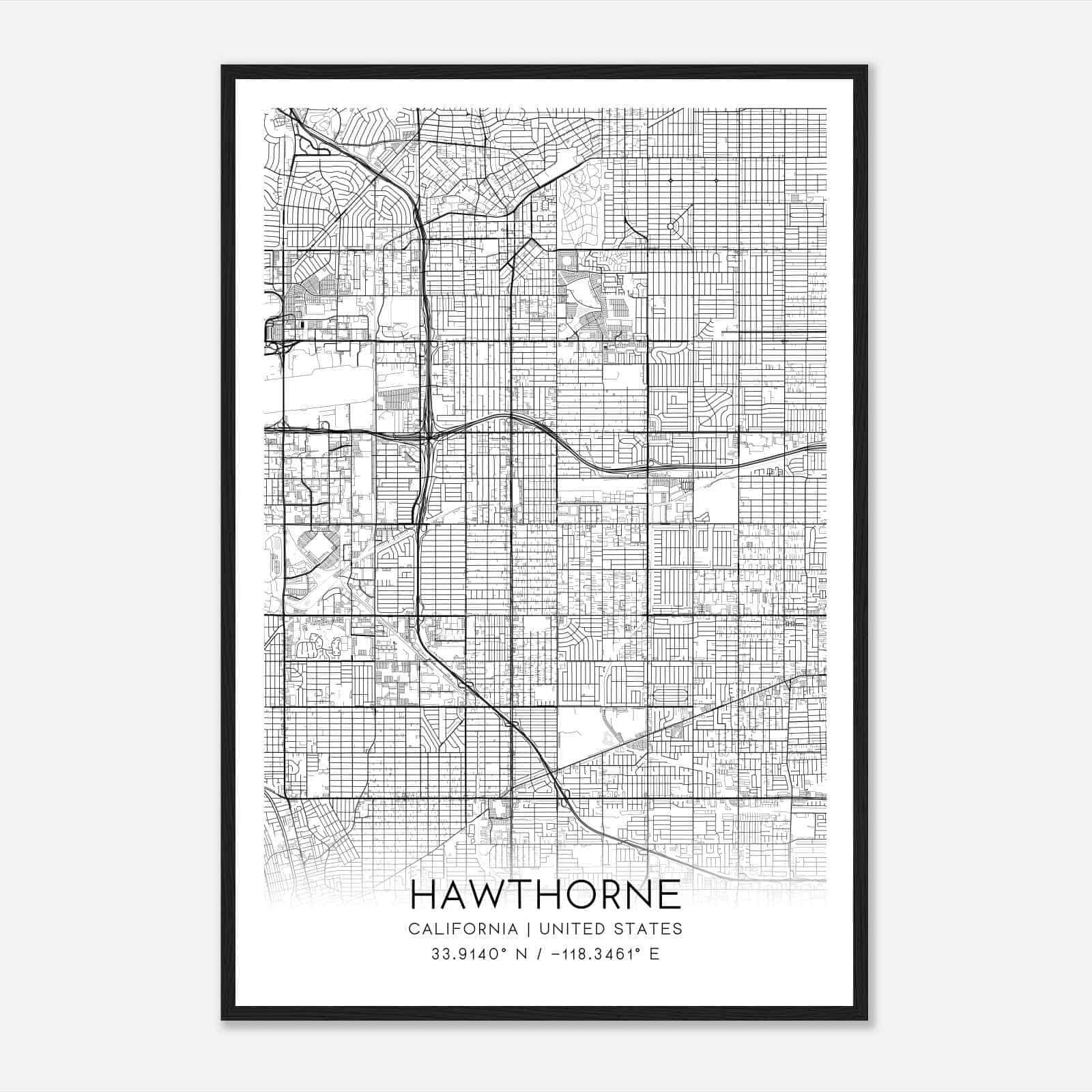 Hawthorne California Map Poster, Modern Home Decor Wall Art Print