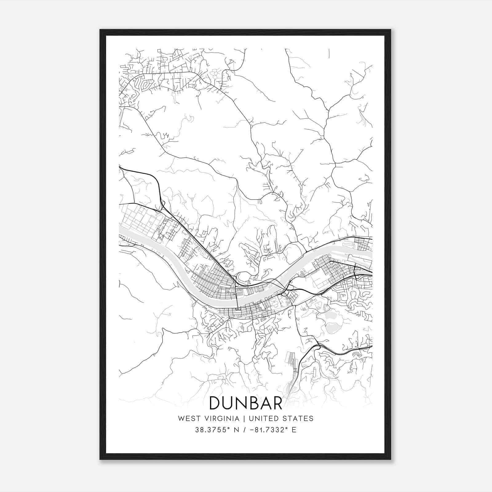 Dunbar West Virginia Map Poster, Modern Home Decor Wall Art Print