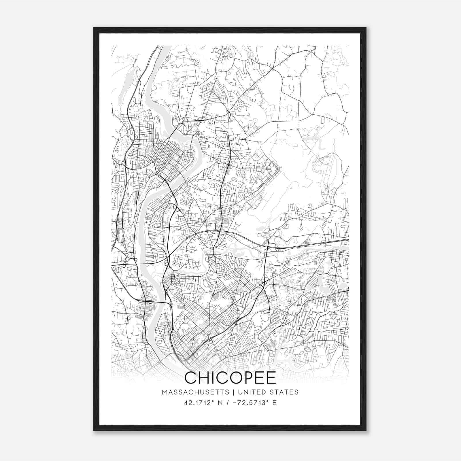 Chicopee Massachusetts Map Poster, Modern Home Decor Wall Art Print