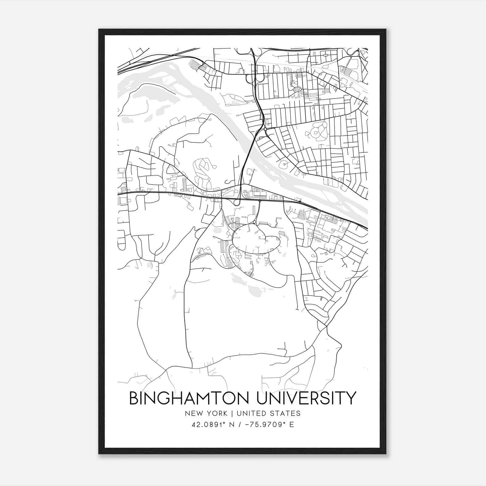 Binghamton University New York Map Poster, Modern Home Decor Wall Art Print