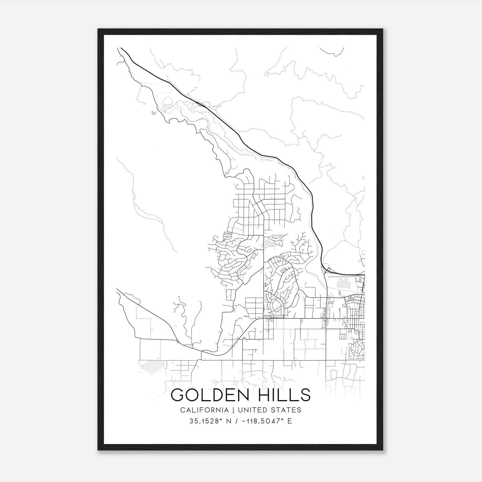 Golden Hills California Map Poster, Modern Home Decor Wall Art Print