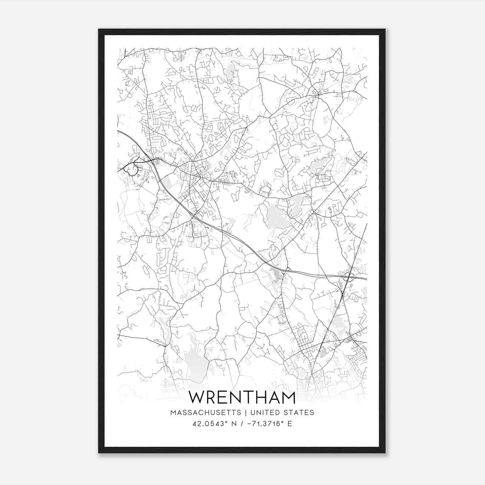 Wrentham Massachusetts Map Poster, Modern Home Decor Wall Art Print