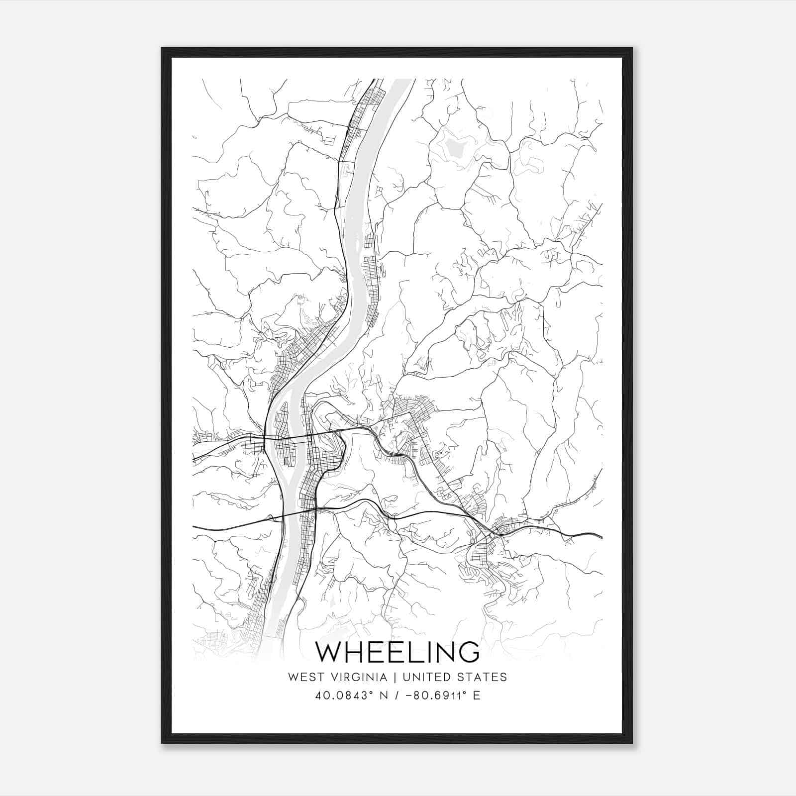 Wheeling West Virginia Map Poster, Modern Home Decor Wall Art Print