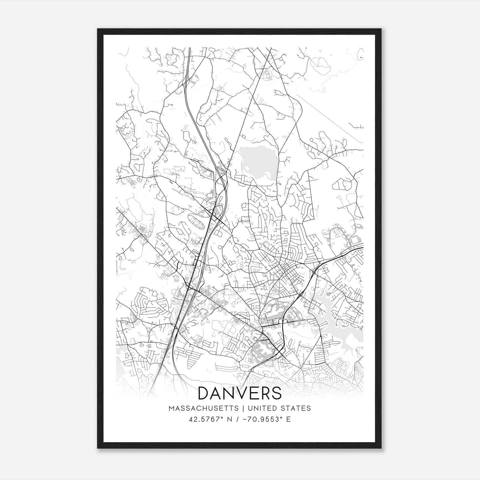 Danvers Massachusetts Map Poster, Modern Home Decor Wall Art Print