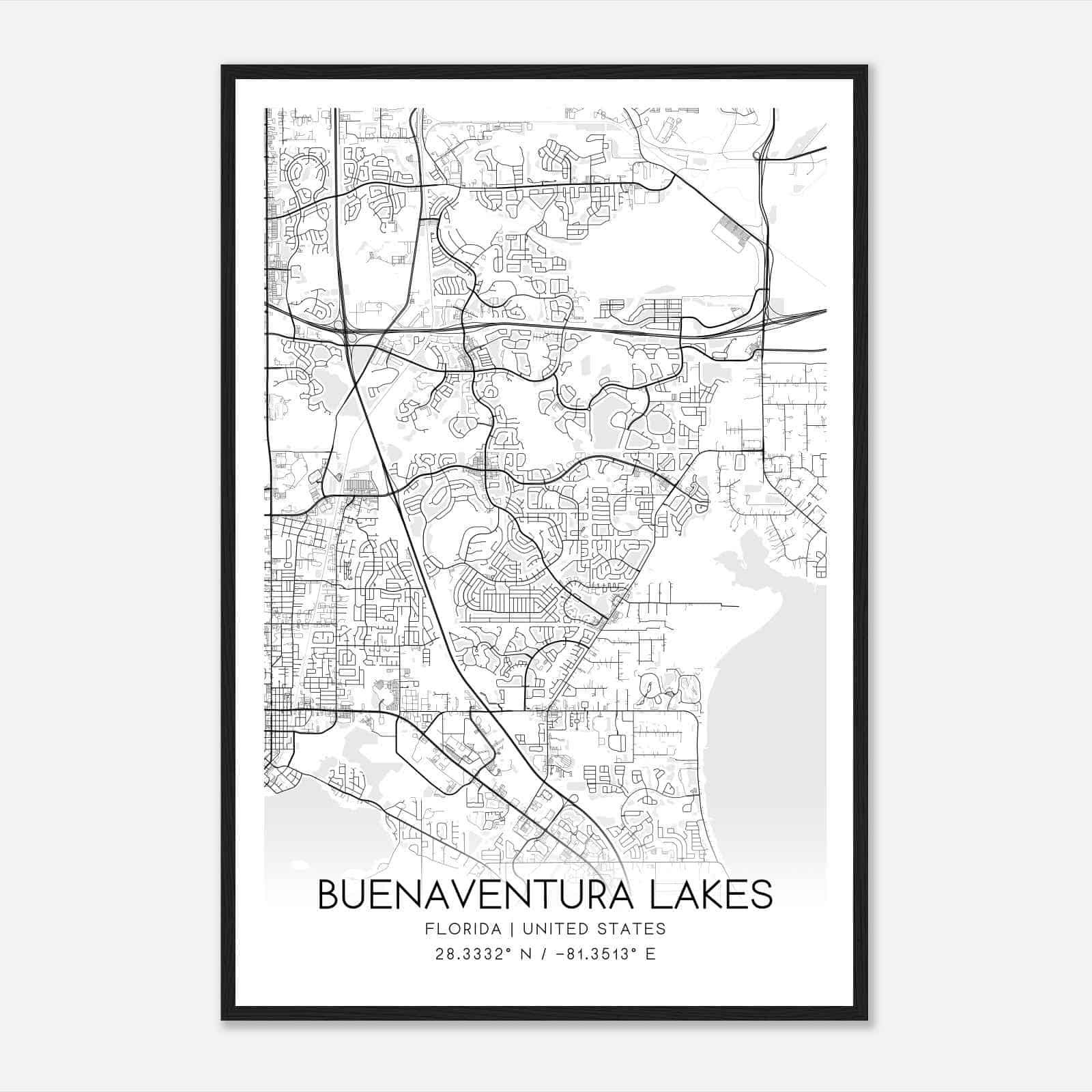 Buenaventura Lakes Florida Map Poster, Modern Home Decor Wall Art Print