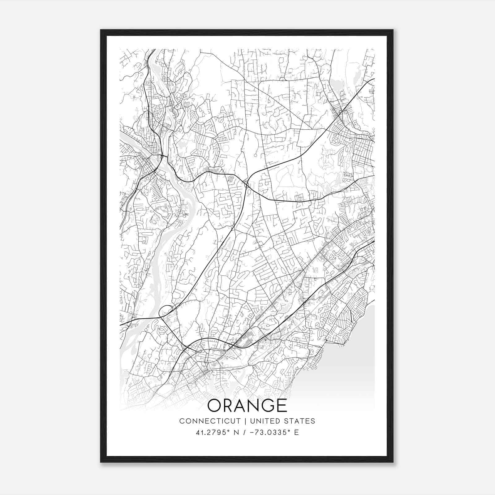 Orange Connecticut Map Poster, Modern Home Decor Wall Art Print