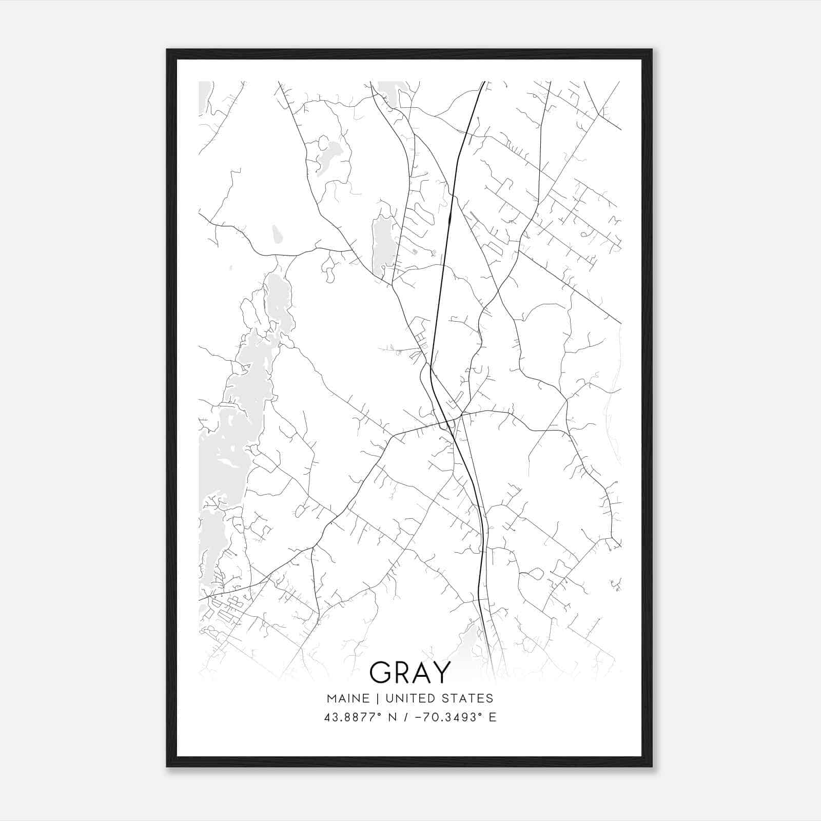 Gray Maine Map Poster, Modern Home Decor Wall Art Print
