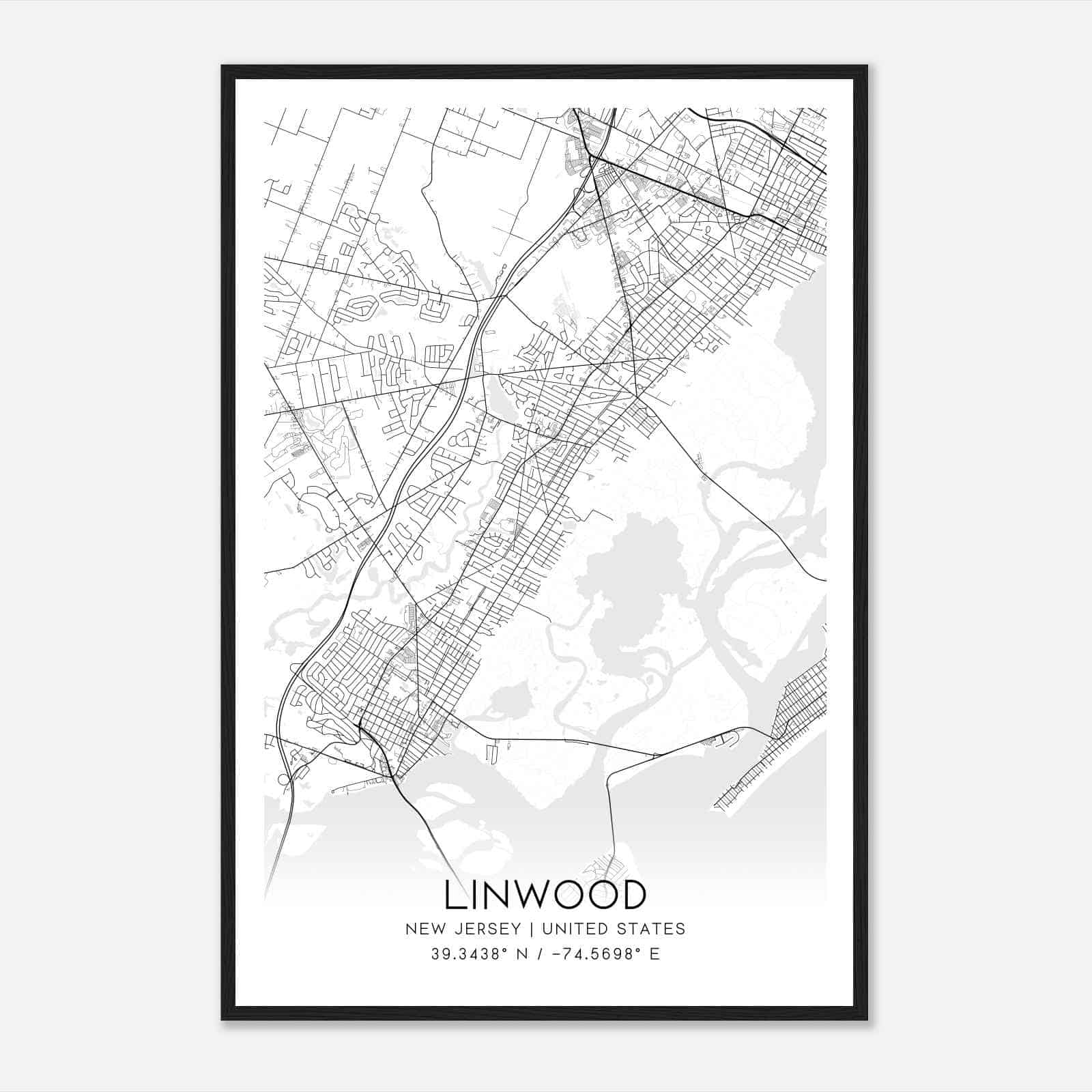 Linwood New Jersey Map Poster, Modern Home Decor Wall Art Print