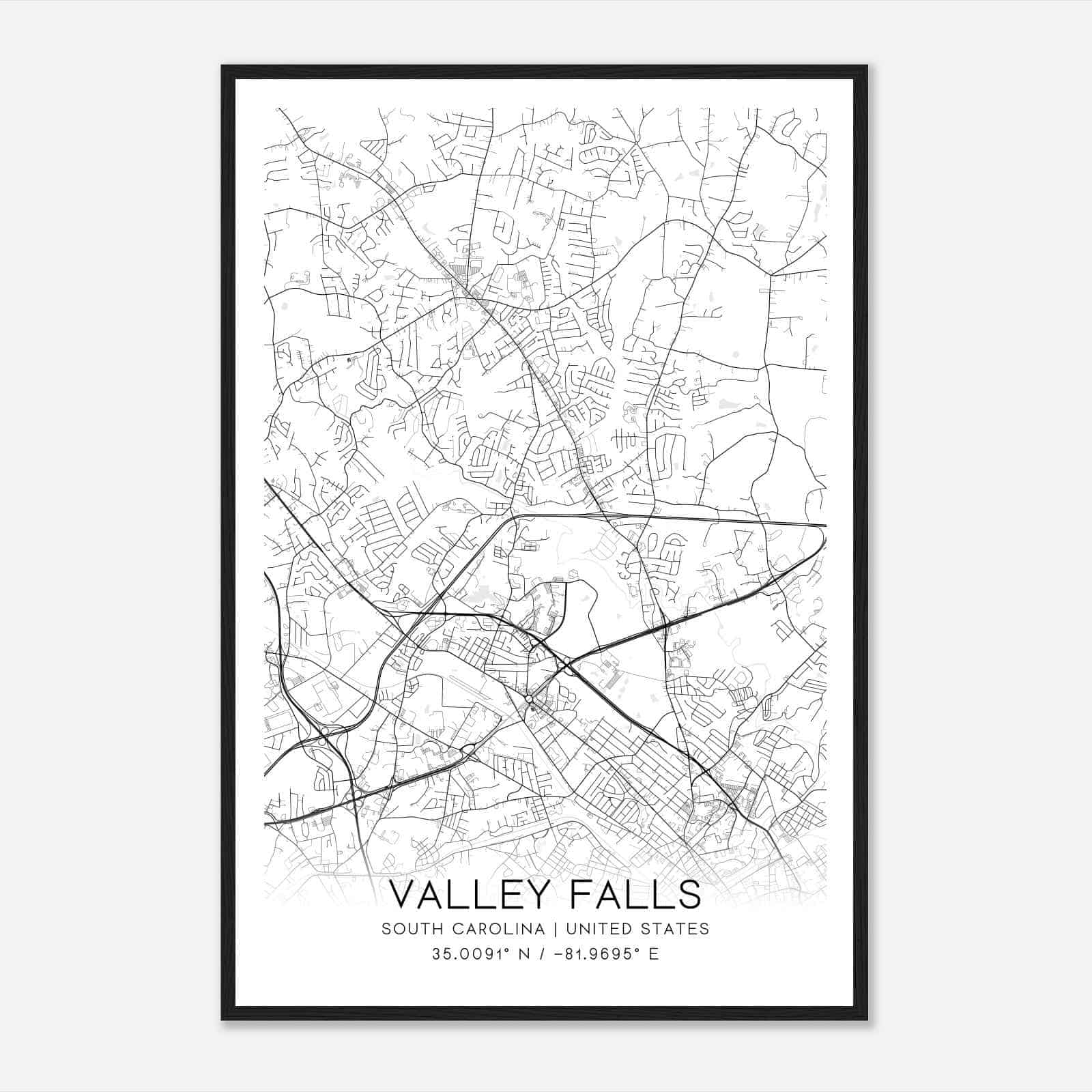 Valley Falls South Carolina Map Poster, Modern Home Decor Wall Art Print