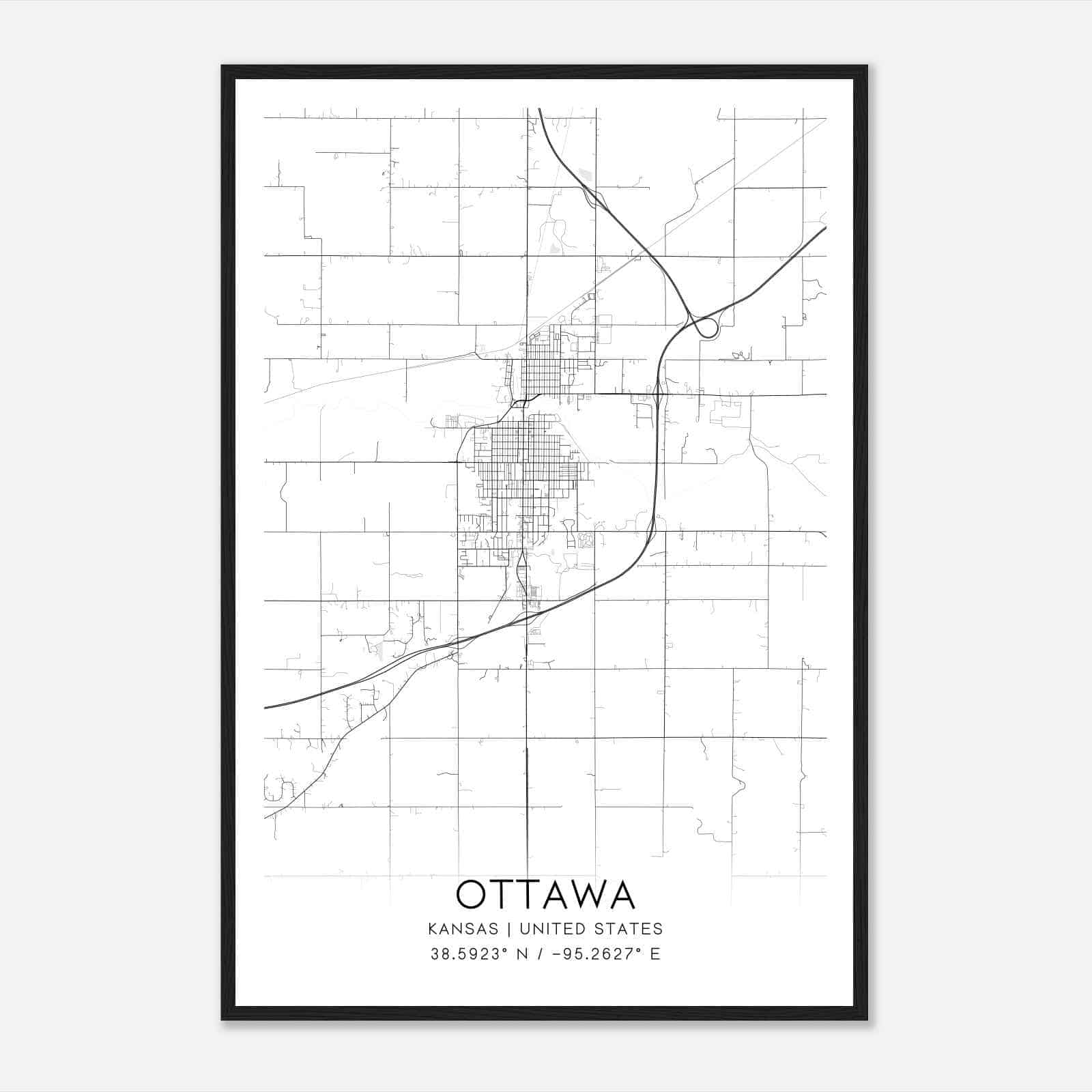 Ottawa Kansas Map Poster, Modern Home Decor Wall Art Print
