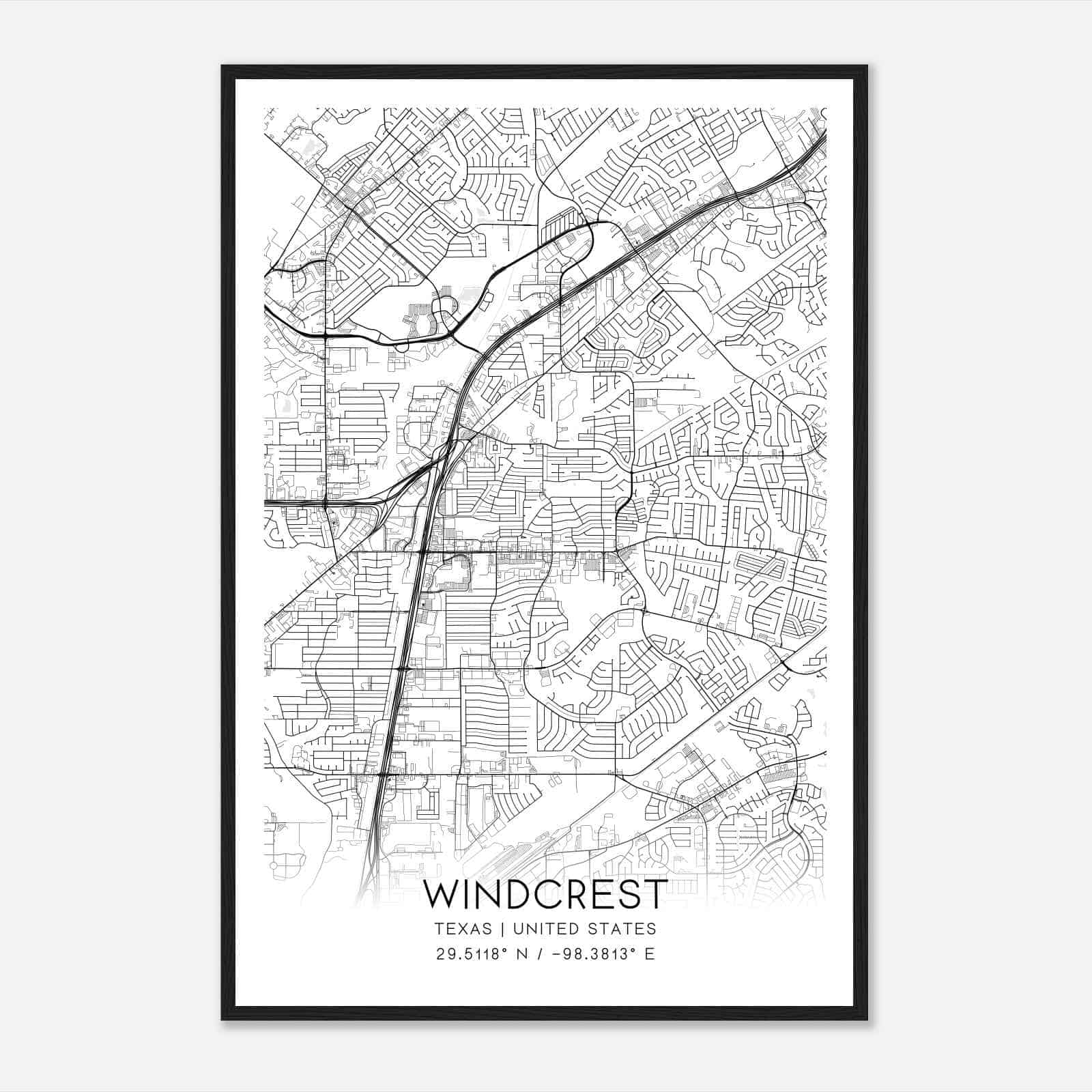 Windcrest Texas Map Poster, Modern Home Decor Wall Art Print