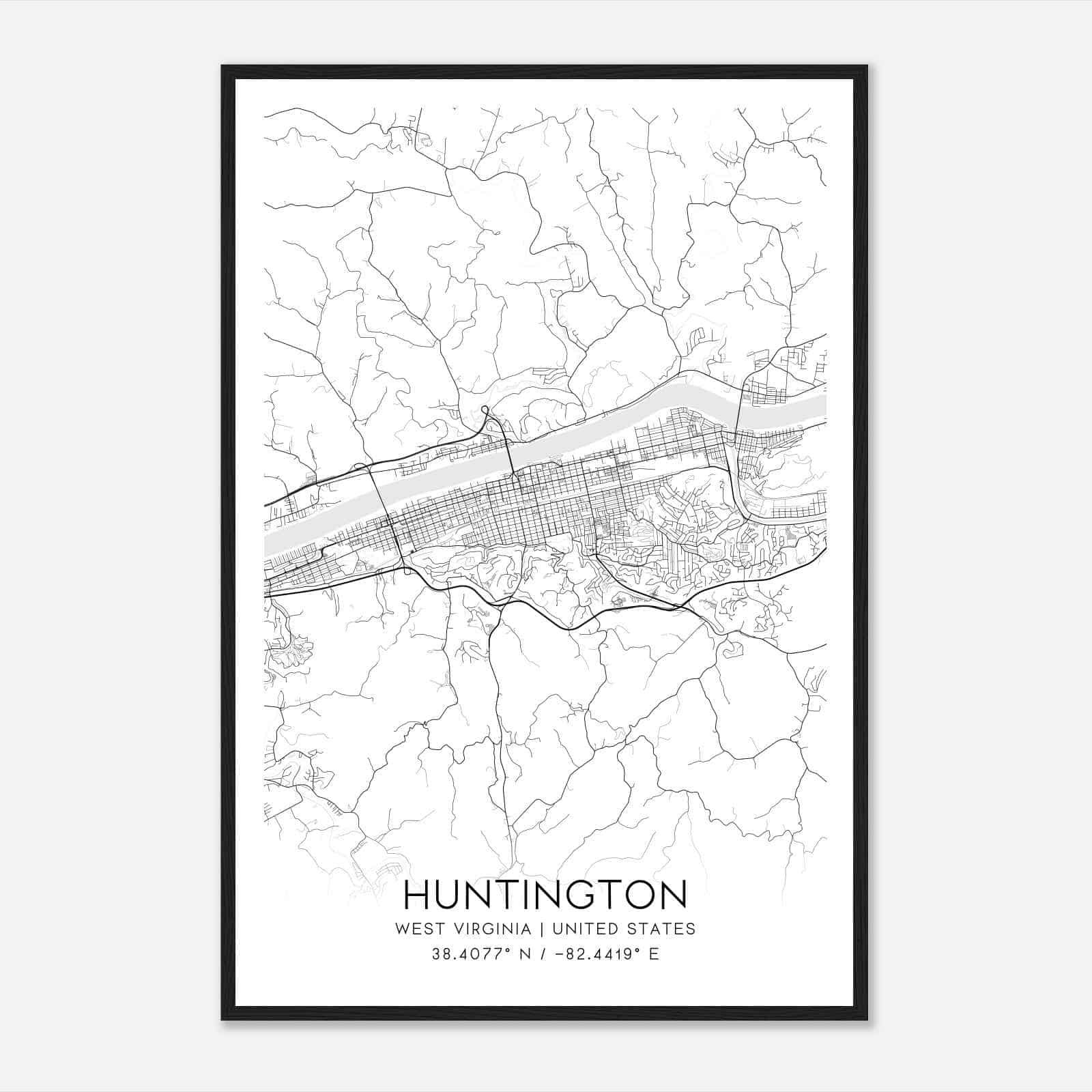 Huntington West Virginia Map Poster, Modern Home Decor Wall Art Print