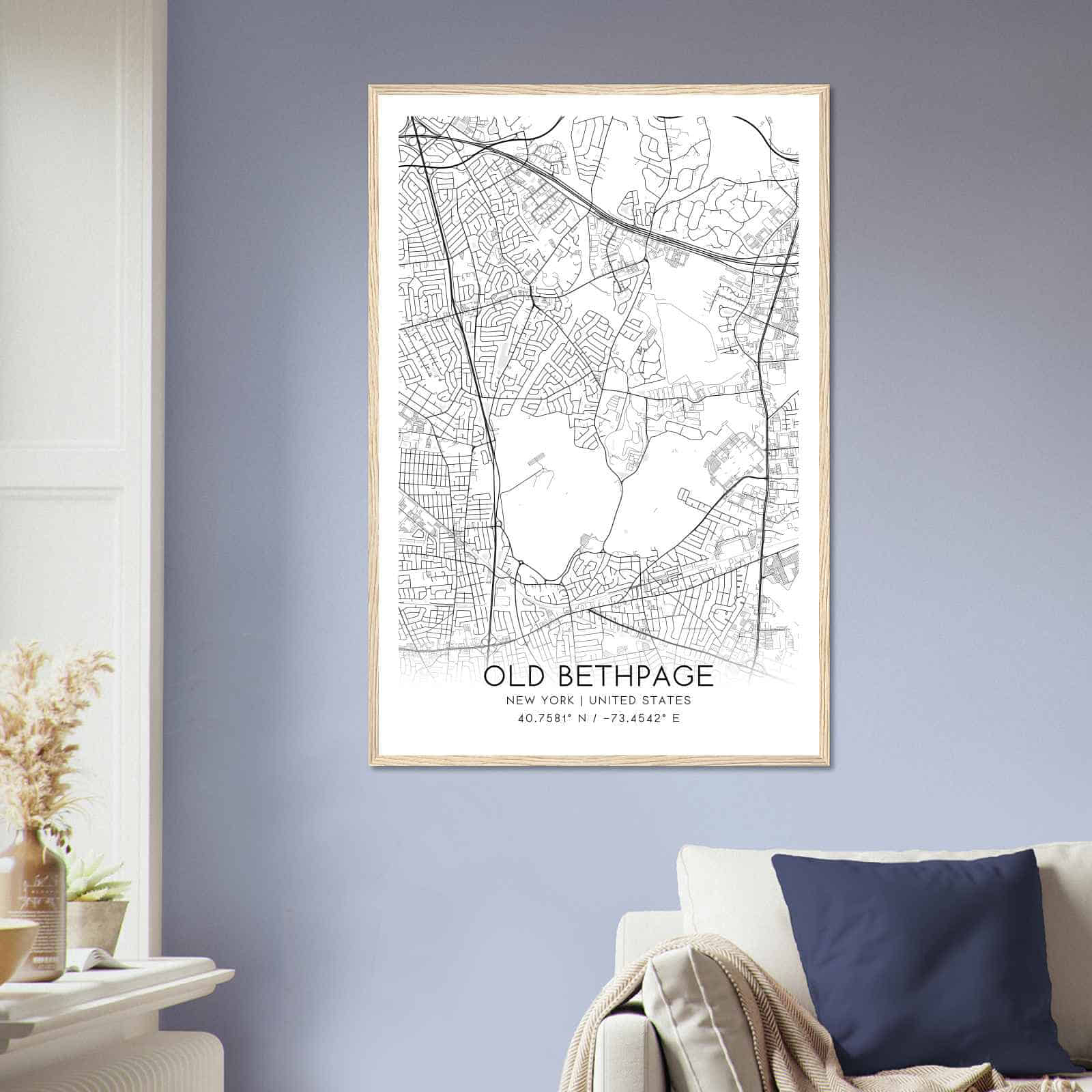 Old Bethpage New York Map Poster, Modern Home Decor Wall Art Print