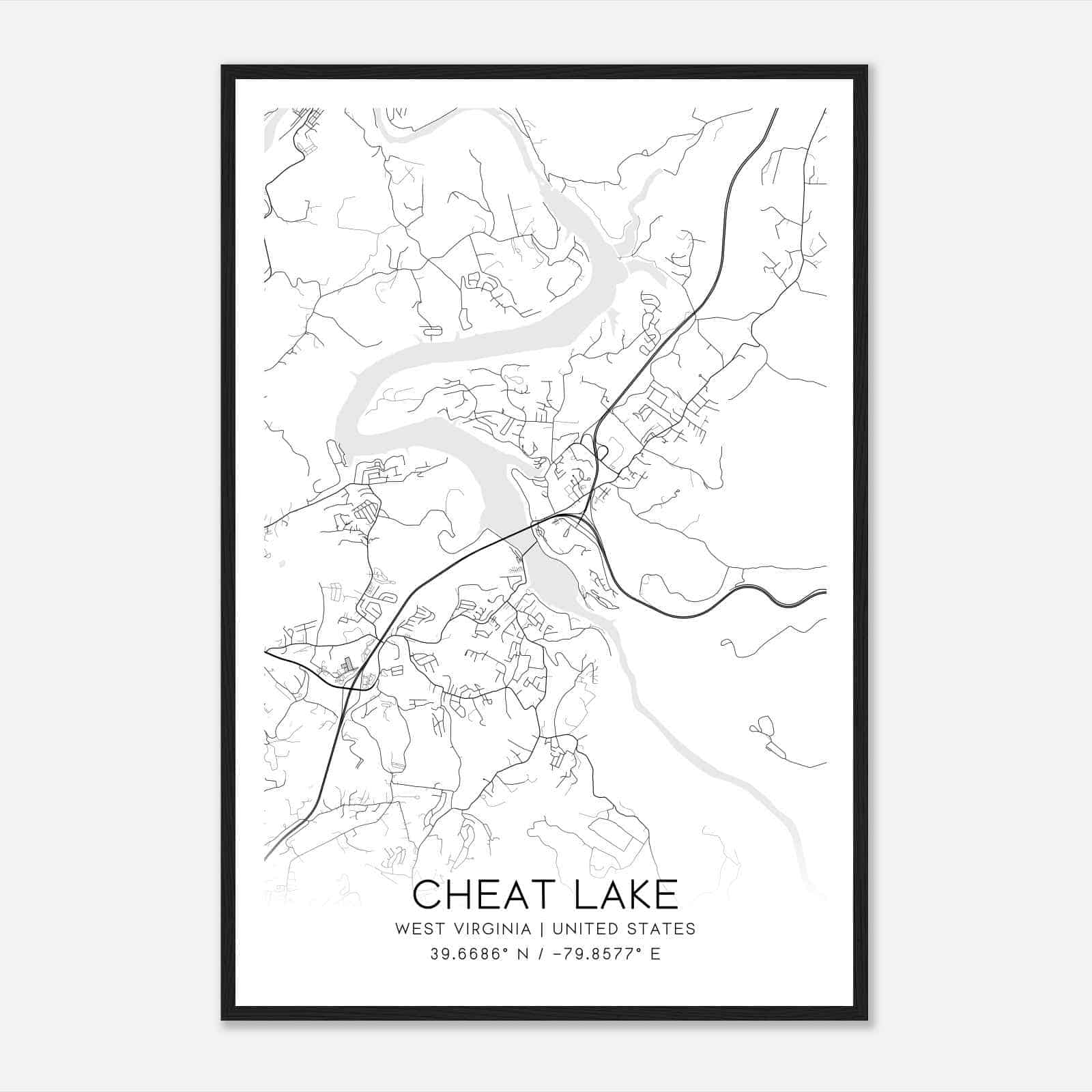 Cheat Lake West Virginia Map Poster, Modern Home Decor Wall Art Print