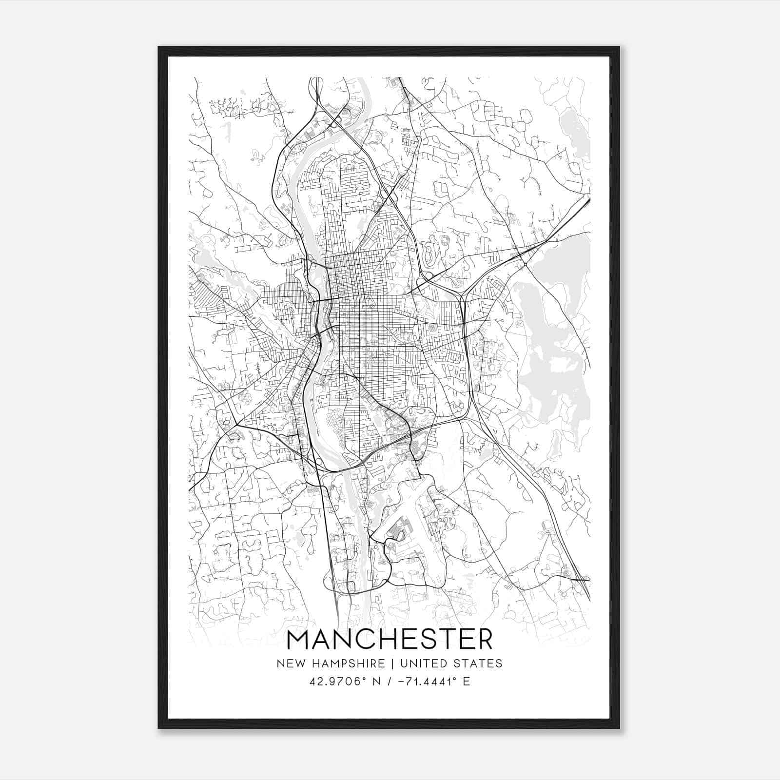 Manchester New Hampshire Map Poster, Modern Home Decor Wall Art Print