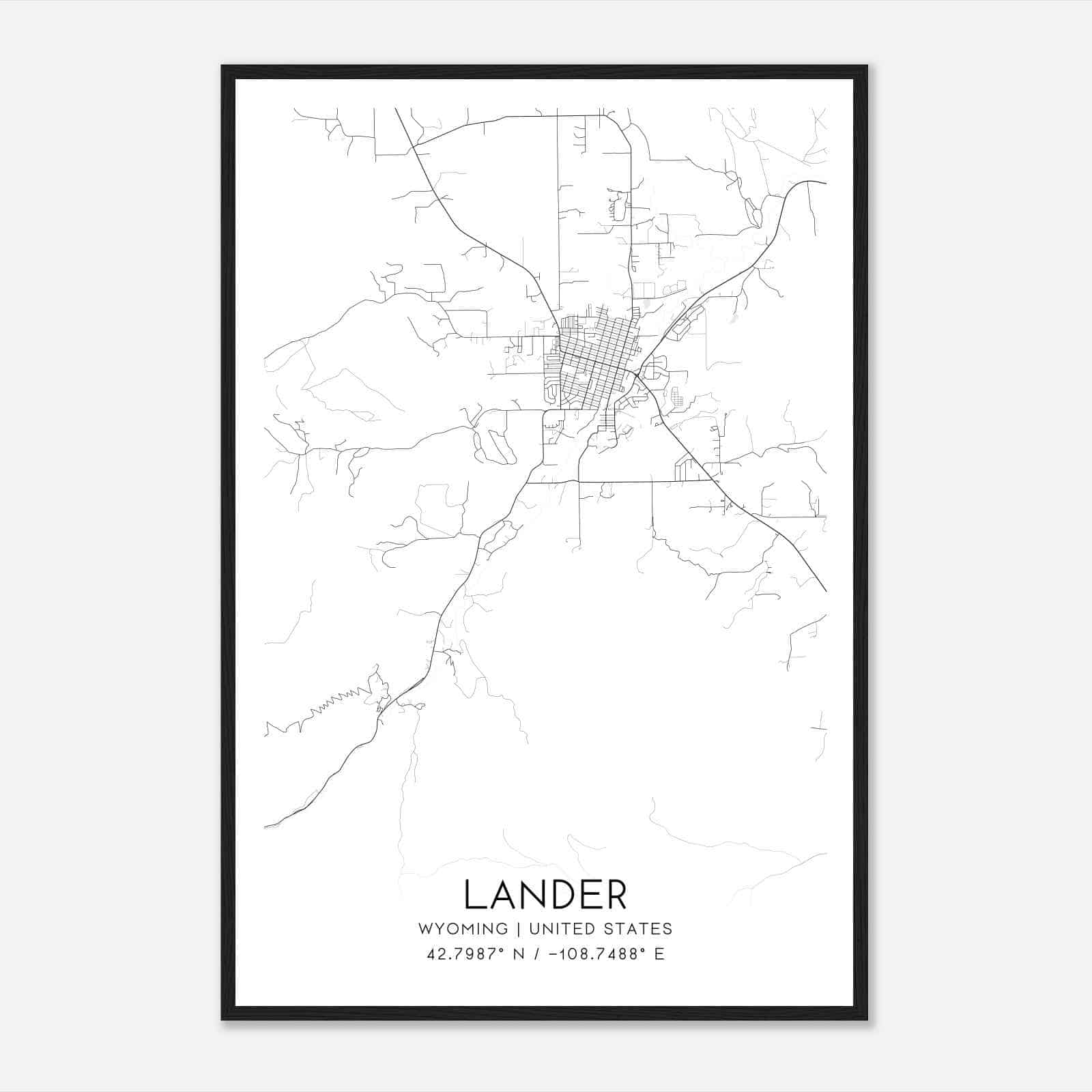 Lander Wyoming Map Poster, Modern Home Decor Wall Art Print