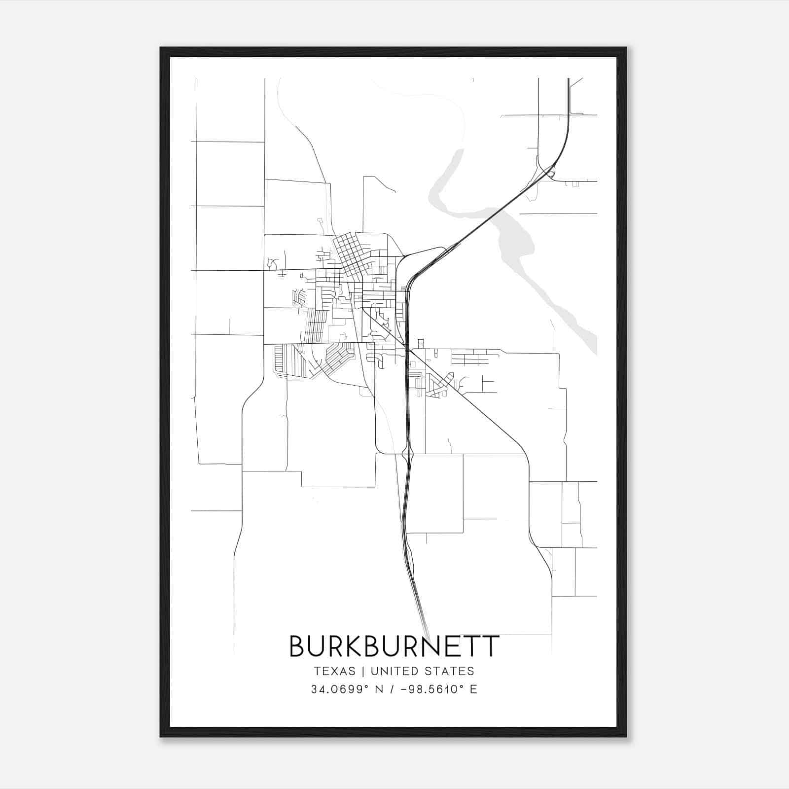 Burkburnett Texas Map Poster, Modern Home Decor Wall Art Print