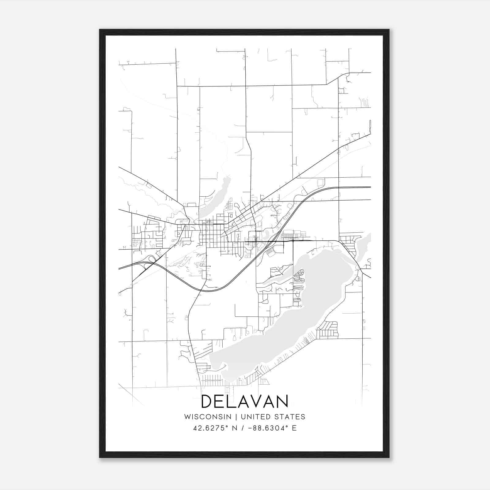 Delavan Wisconsin Map Poster, Modern Home Decor Wall Art Print