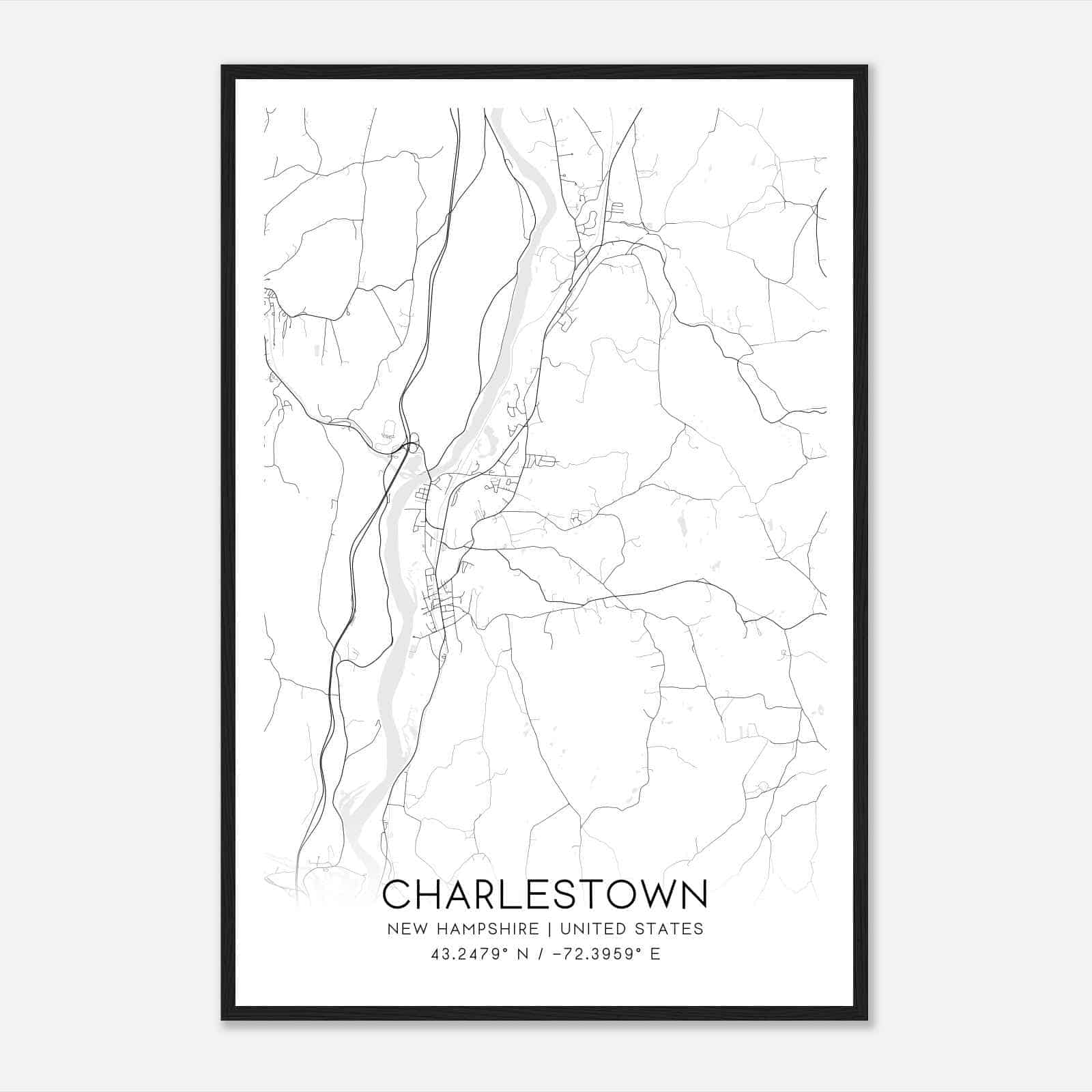 Charlestown New Hampshire Map Poster, Modern Home Decor Wall Art Print